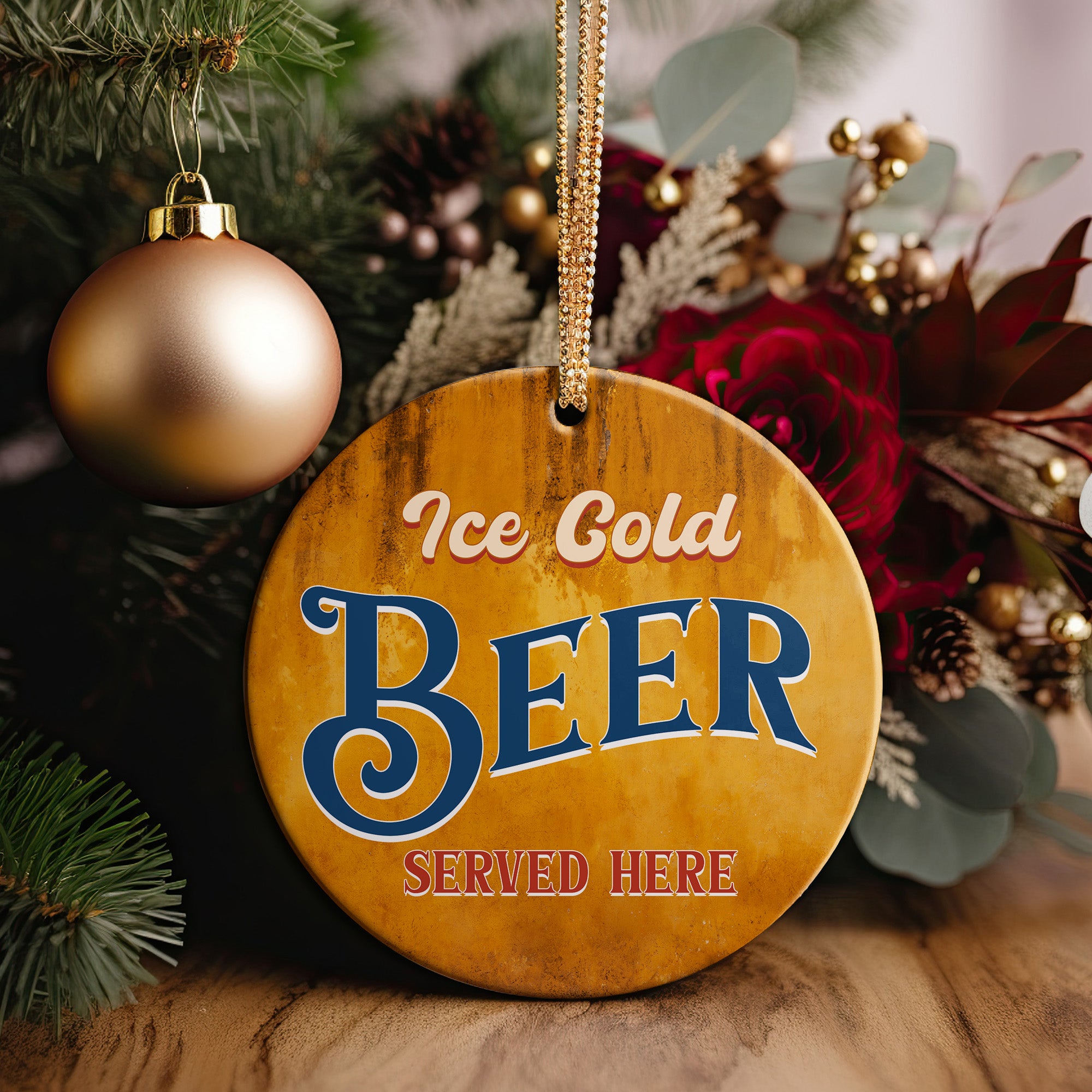 Personalized Vintage "Ice Cold Beer" Ceramic Ornament – Customizable Retro Decor for Bars & Man Caves - Image 2