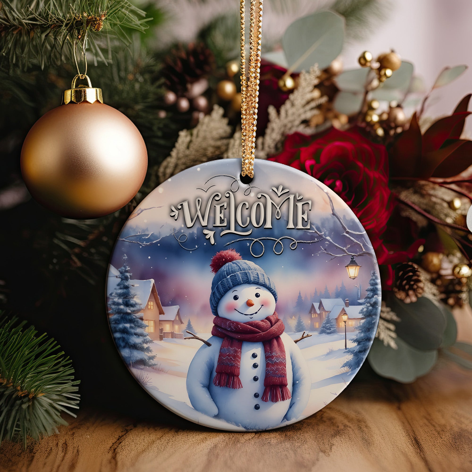 Personalized Welcome Snowman Ceramic Ornament - Cozy Winter Scene for Holiday Decorations and Gift-Giving - Image 2