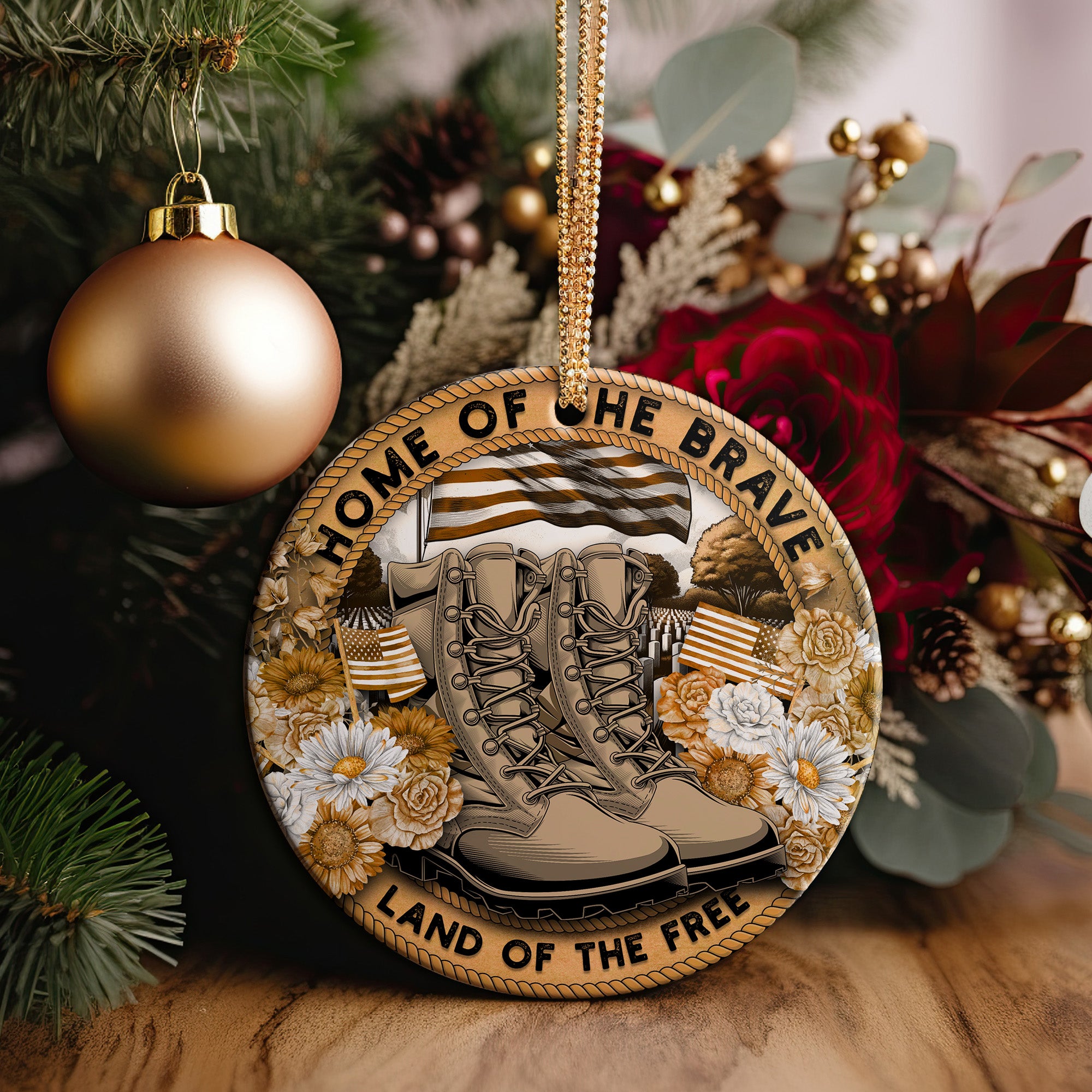 Personalized Ceramic Ornament - "Home of the Brave" Tribute with Military Boots and Floral Design - Image 2