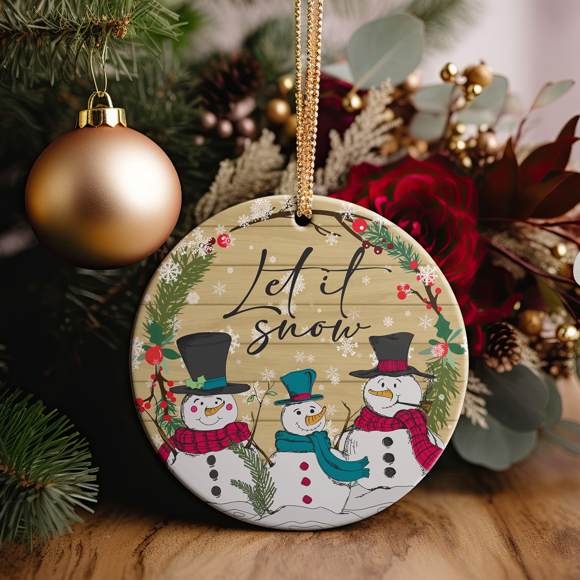Personalized Handmade "Let It Snow" Ceramic Ornament with Snowmen – Perfect Holiday Gift for Family and Friends - Image 2