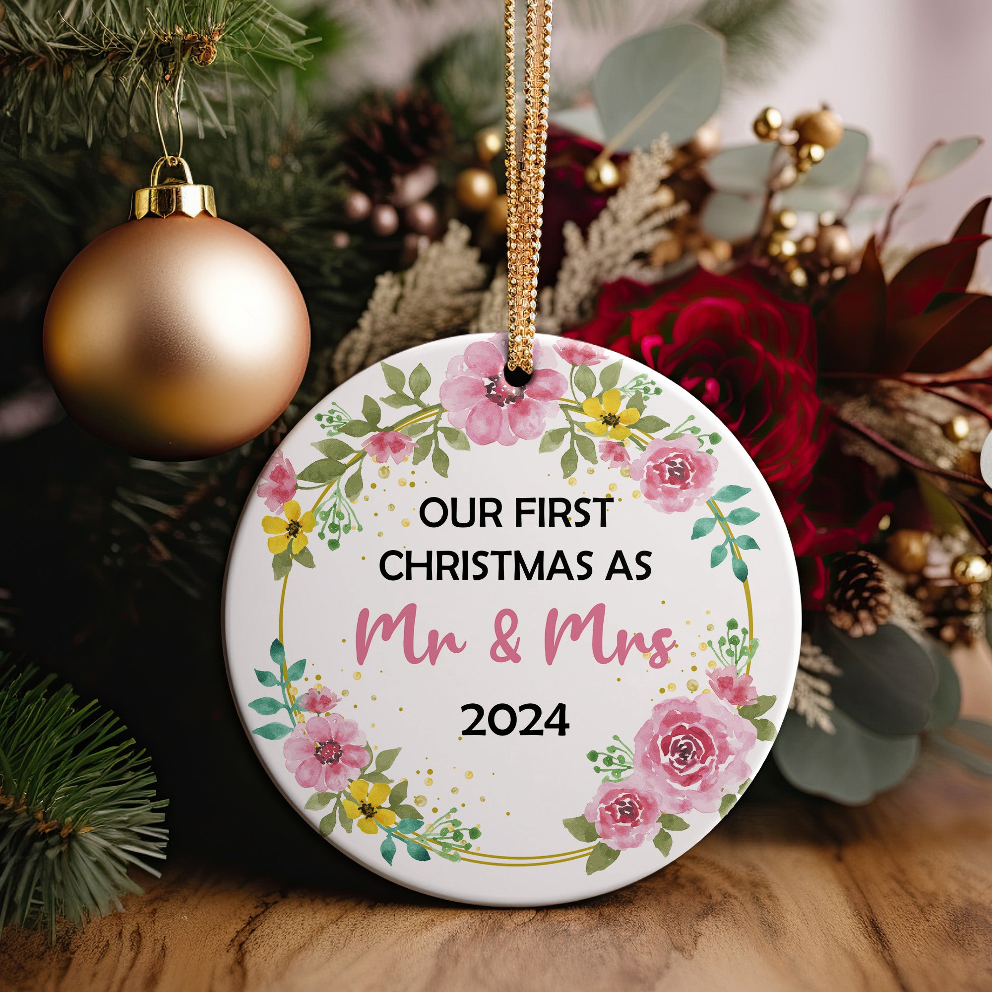 Personalized "Our First Christmas as Mr & Mrs" 2024 Ceramic Ornament - Handcrafted Floral Keepsake - Image 2