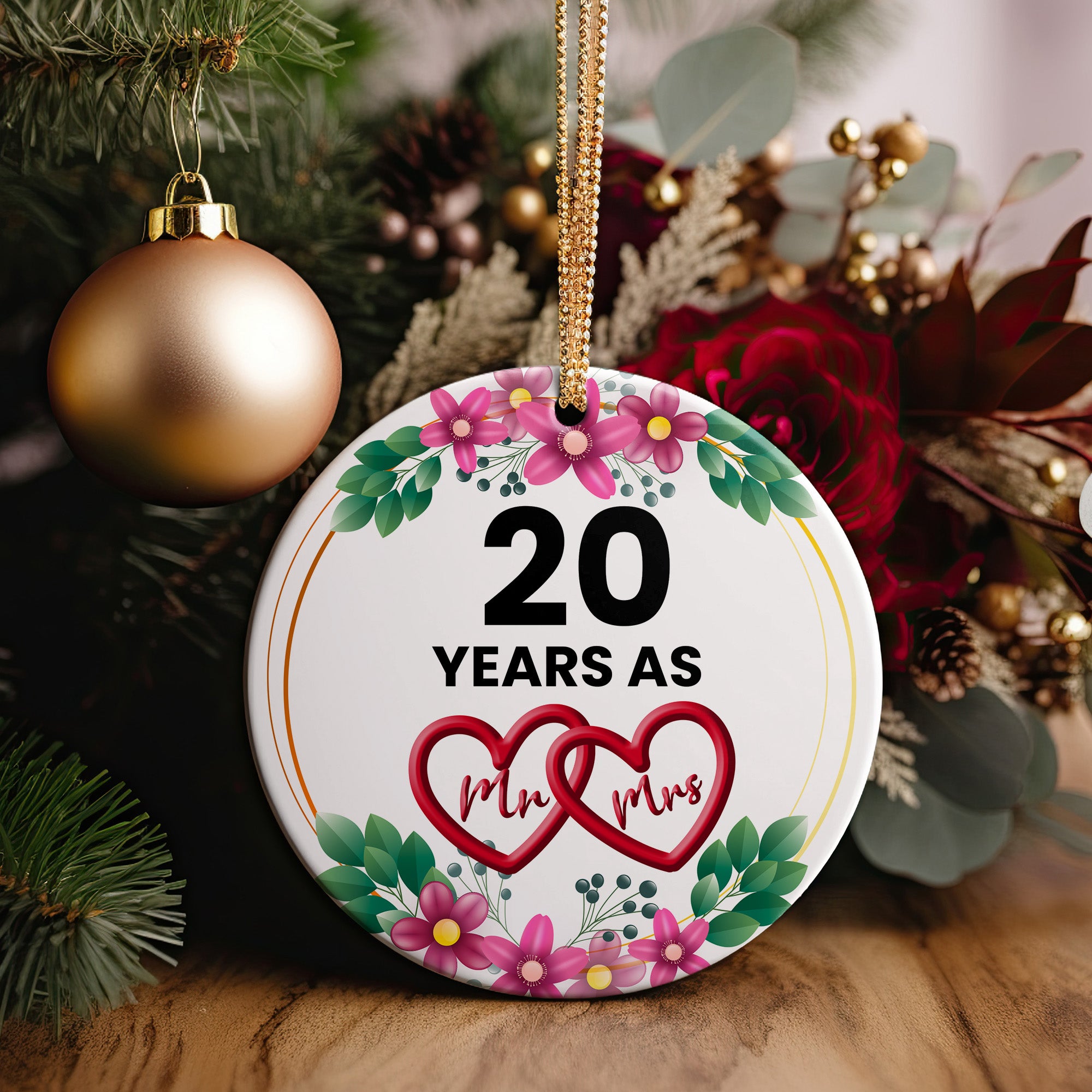 Celebrate 20 Years of Love with Our Personalized Floral Heart Mr & Mrs Ceramic Ornament – Perfect Anniversary Gift - Image 2