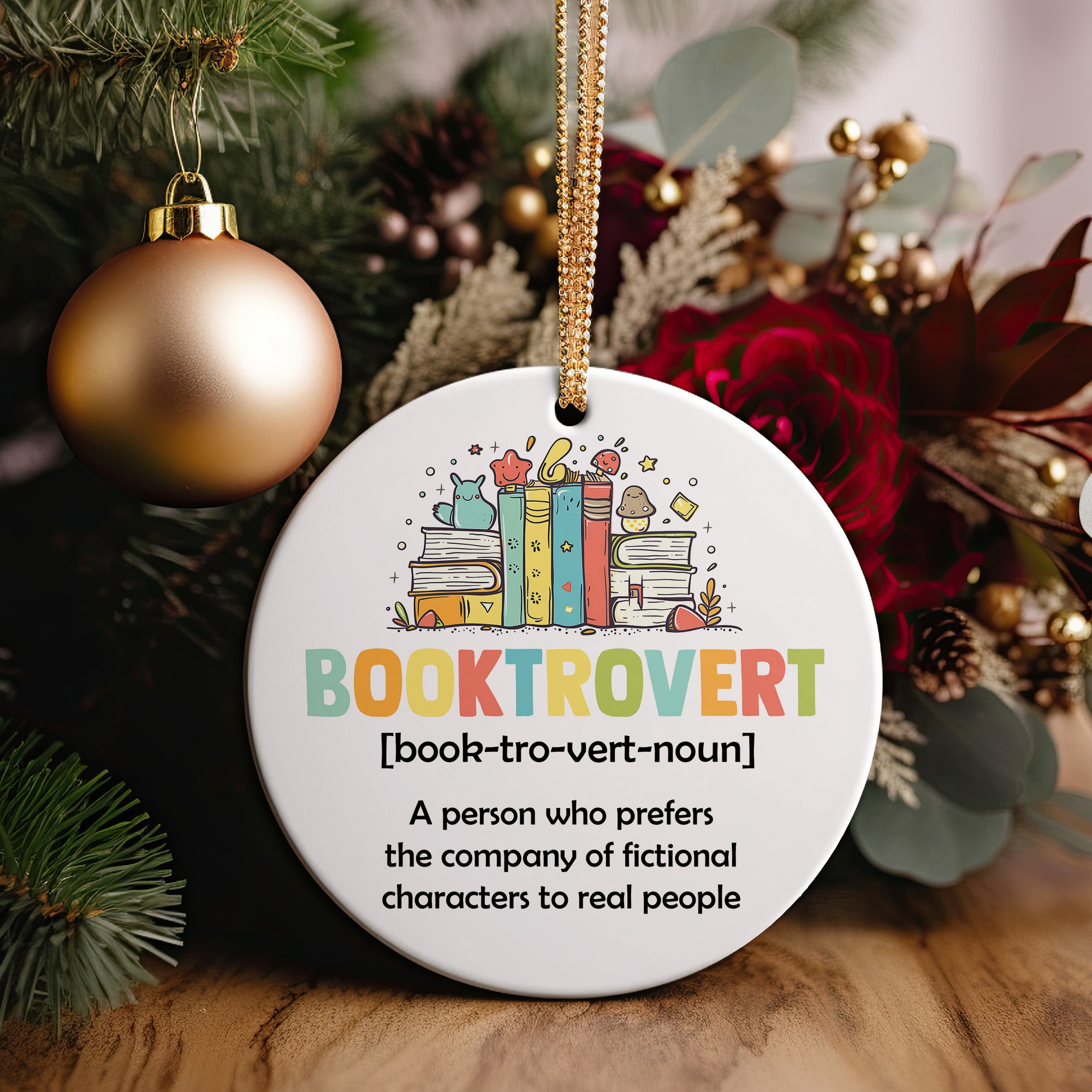 Personalized "Booktrovert" Ceramic Ornament - Vibrant Book Lover's Gift with Customization Options - Image 2