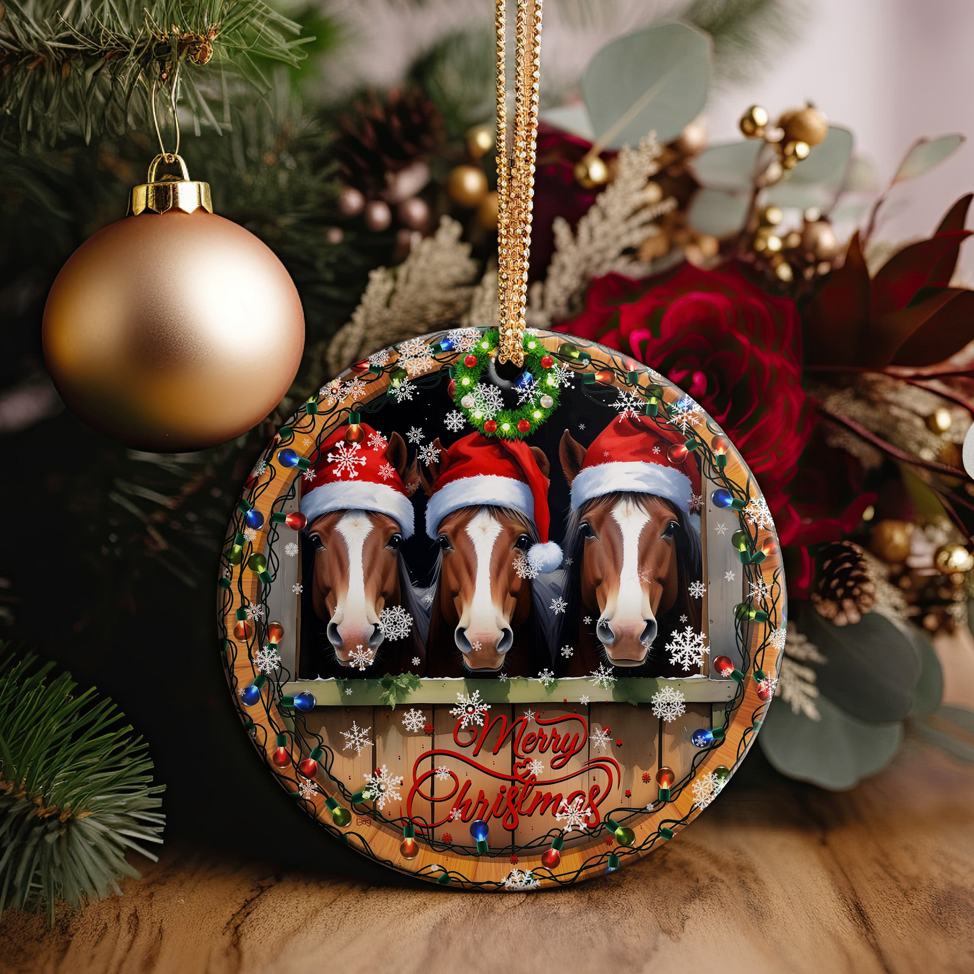 Personalized Merry Christmas Horse Ornament – Custom Handcrafted Ceramic Holiday Decoration with Santa Hats, Perfect Gift for Horse Lovers - Image 2