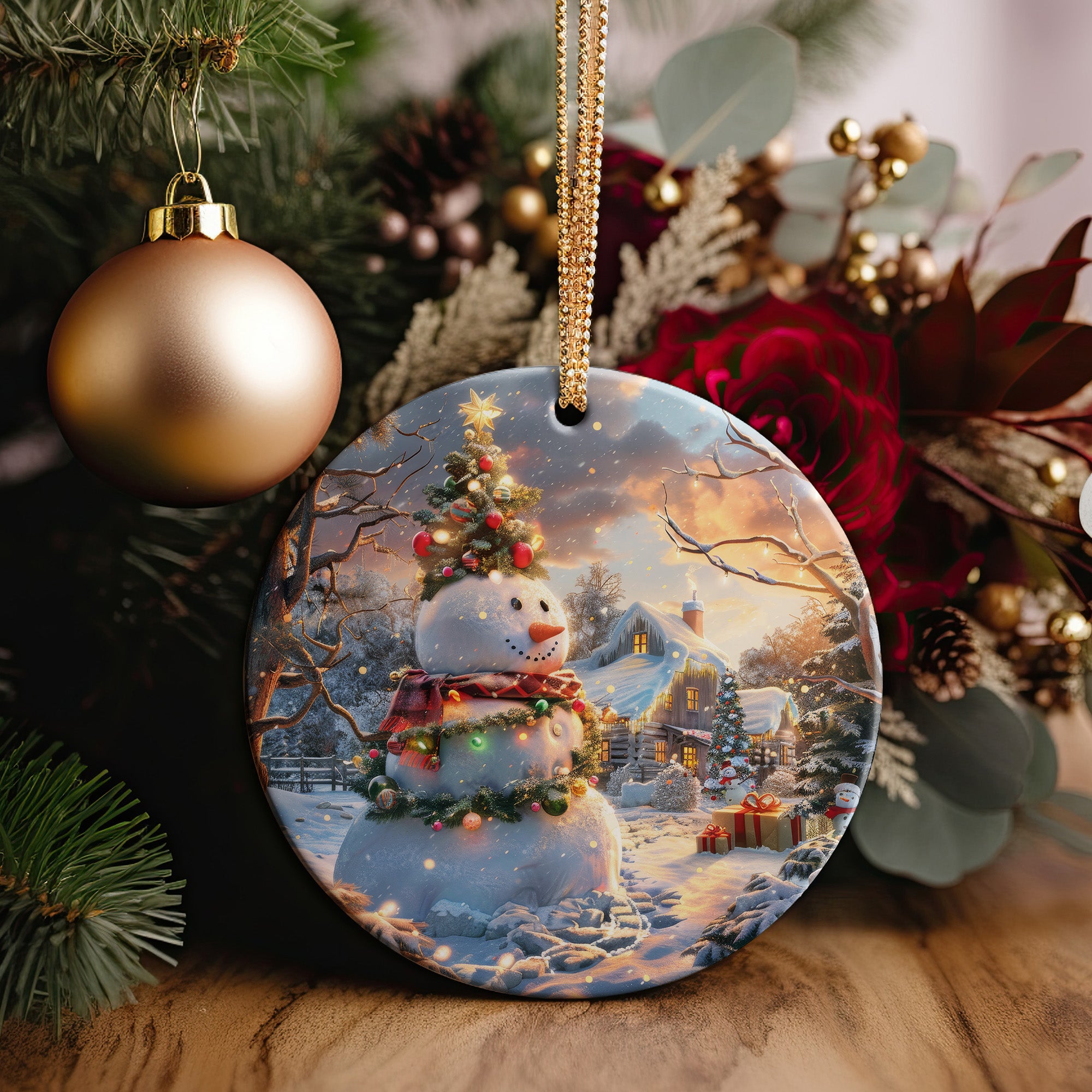 Personalized Winter Wonderland Ceramic Ornament - Handcrafted Snowman and Cozy Cabin Scene - Perfect Holiday Gift - Image 2