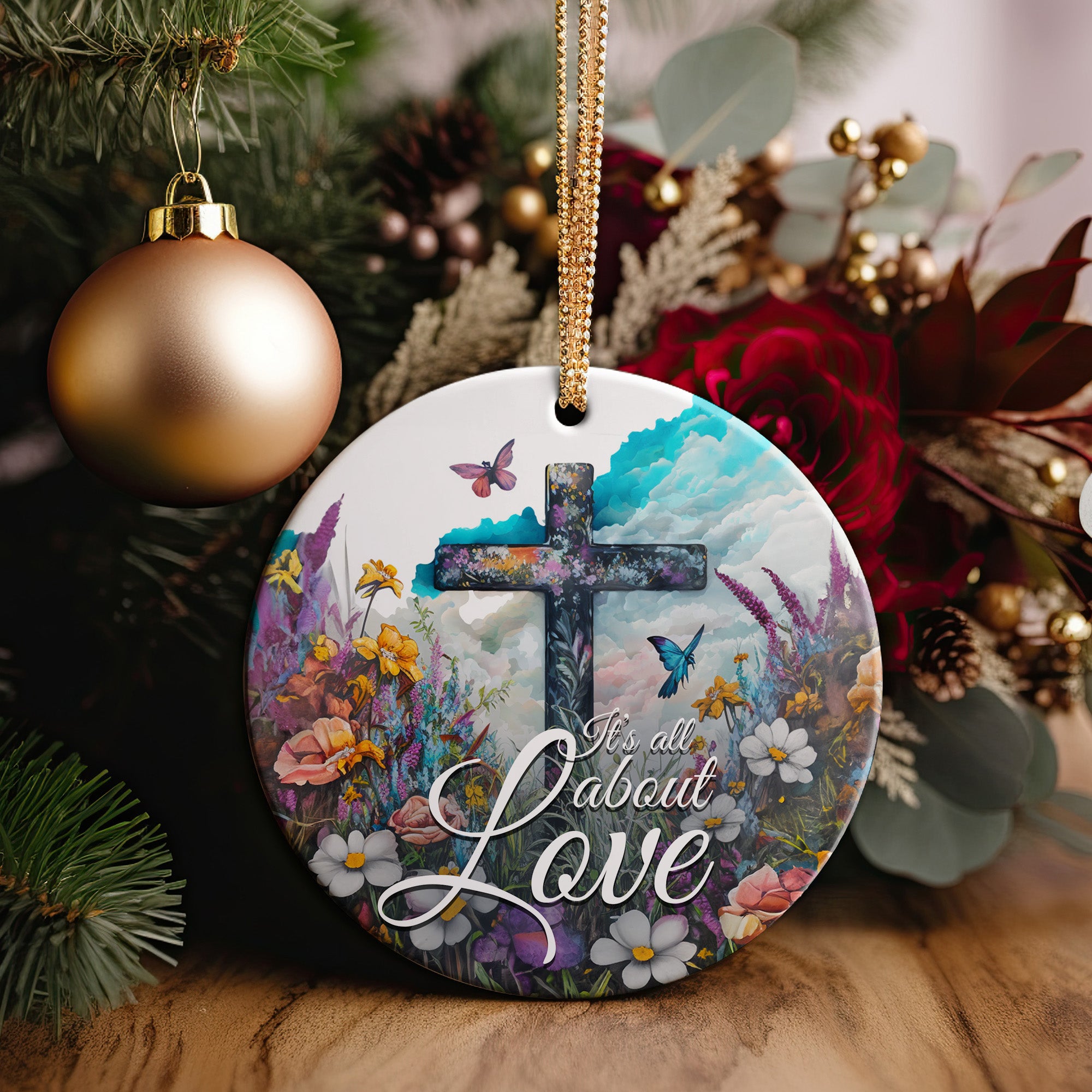 Personalized Floral Ceramic Ornament with Cross and Inspirational Quote – Customizable Gift for Special Occasions - Image 2