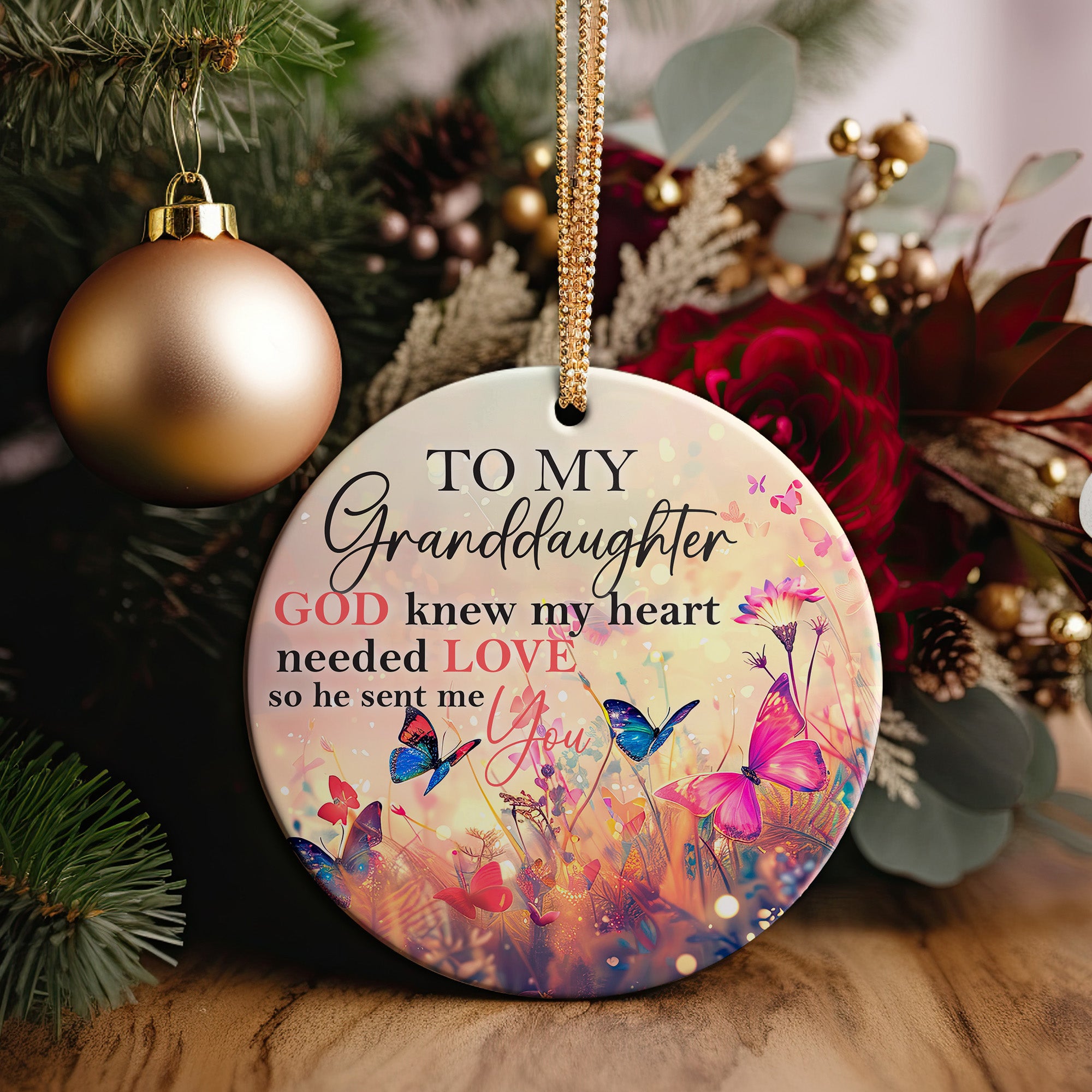 Personalized Ceramic Ornament for Granddaughters - Heartfelt Gift with Butterflies and Floral Design - Image 2