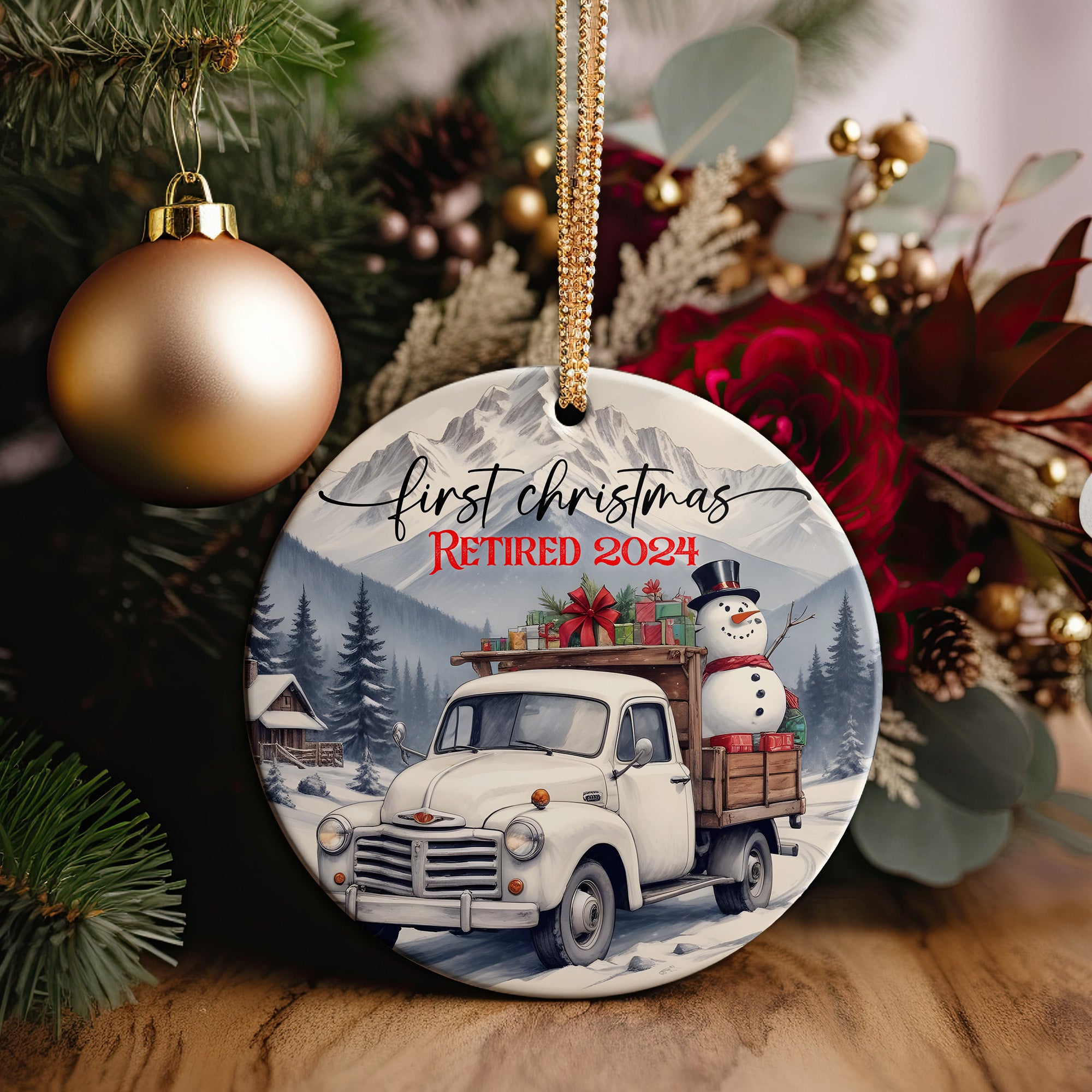 Personalized First Christmas 2024 Retirement Ceramic Ornament – Handcrafted Keepsake with Vintage Truck and Snowman Design - Image 2