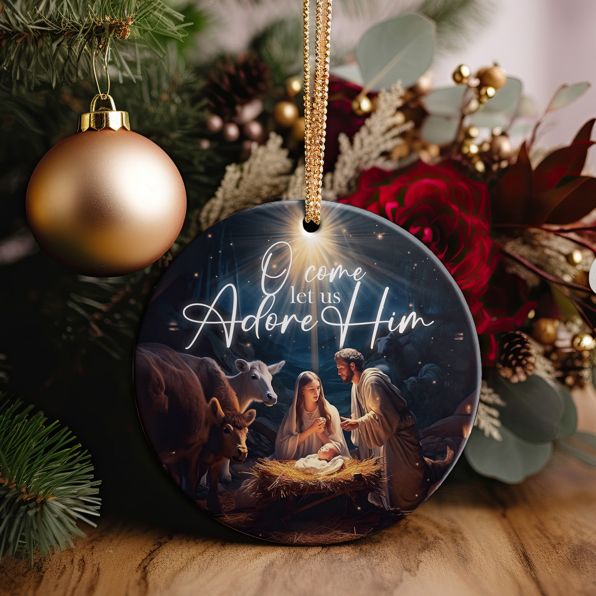 Personalized Nativity Scene Ceramic Ornament – Handmade Keepsake with Inspirational "O Come Let Us Adore Him" Design - Image 2