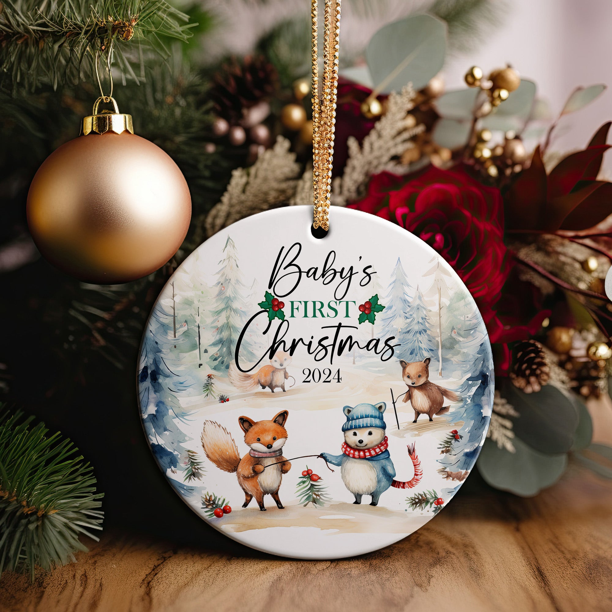 Personalized Baby's First Christmas 2024 Ceramic Ornament - Handcrafted with Woodland Animal Design, Perfect for New Parents and Holiday Keepsakes - Image 2