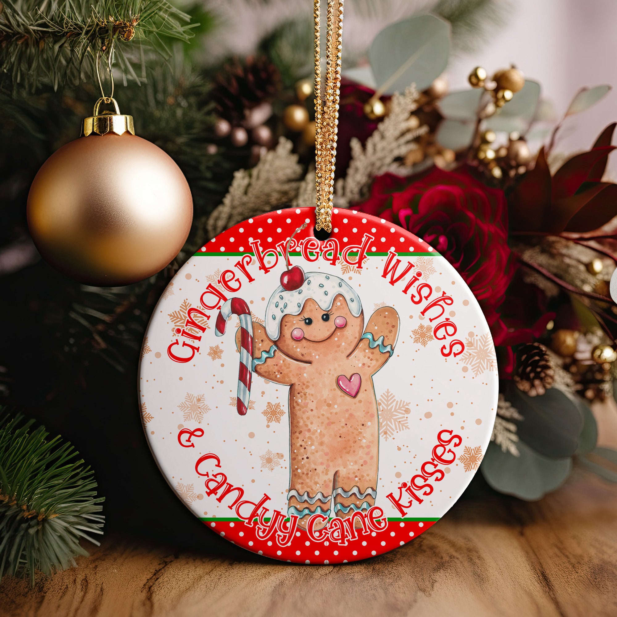 Personalized "Gingerbread Wishes & Candy Cane Kisses" Ceramic Ornament - Handmade Holiday Keepsake - Image 2