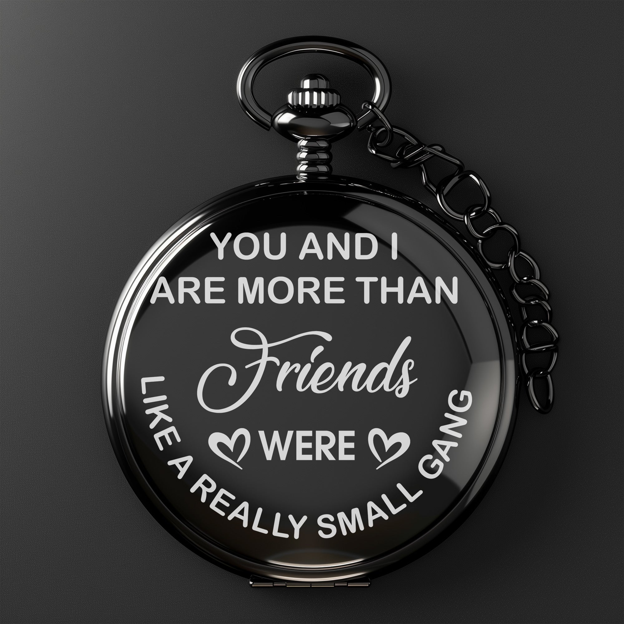Personalized Black Pocket Watch - "More Than Friends" Engraving - Perfect Gift for Best Friends, Siblings, Partners - Image 2