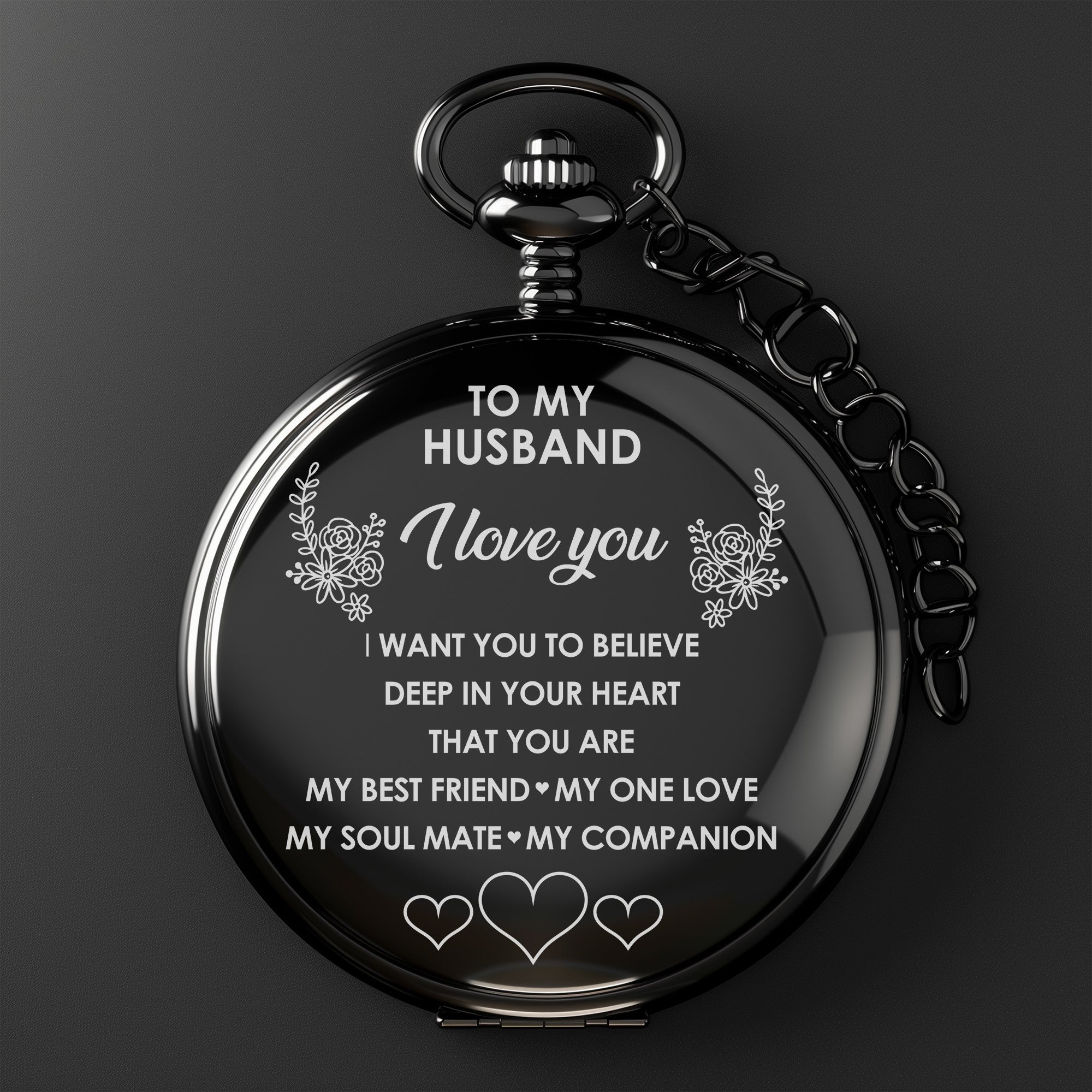 Personalized Engraved Pocket Watch for Husband - Timeless Black Keepsake with Heartfelt Message - Image 2
