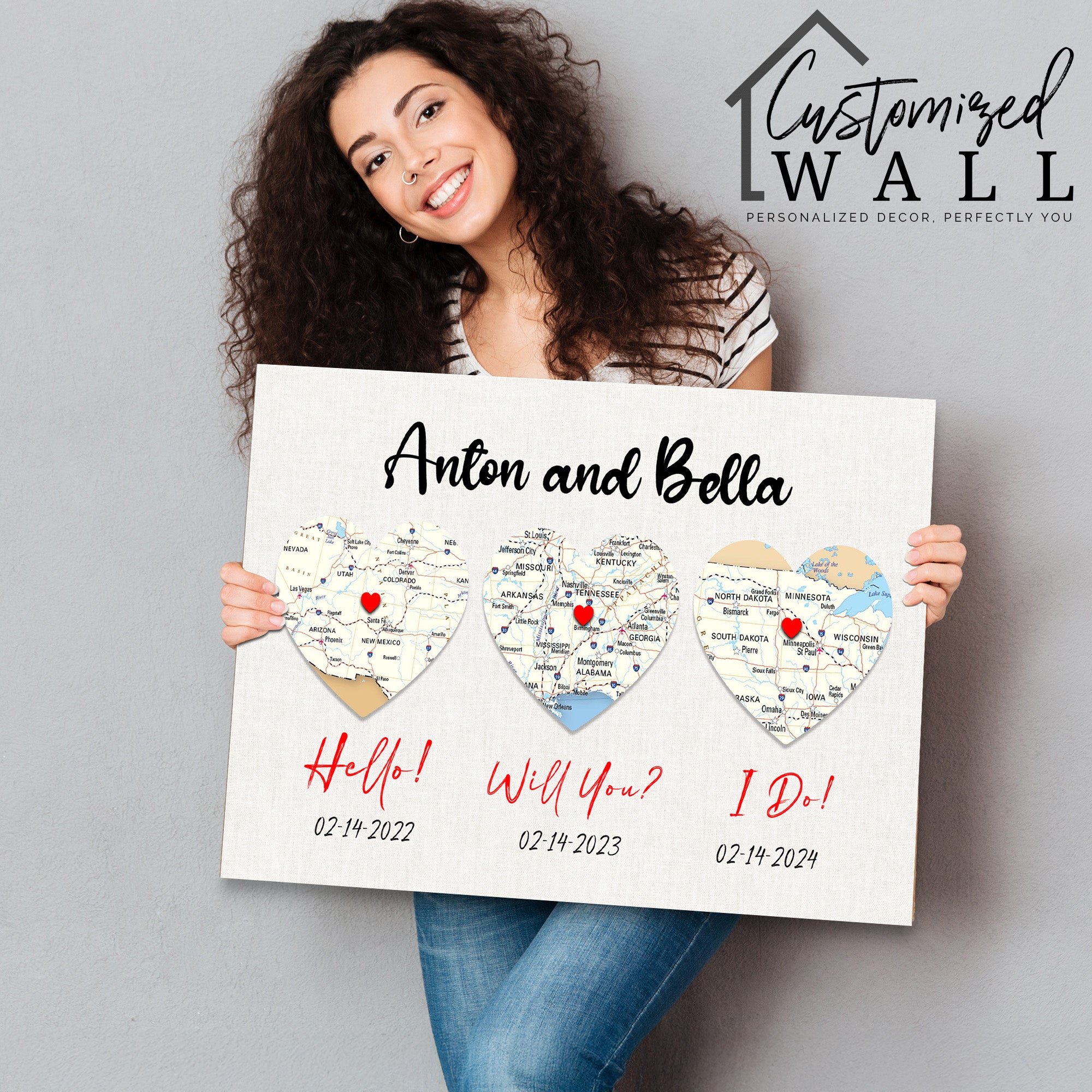 Personalized Milestone Heart Map Wedding Canvas - Custom Dates & Locations for Couples - Image 2