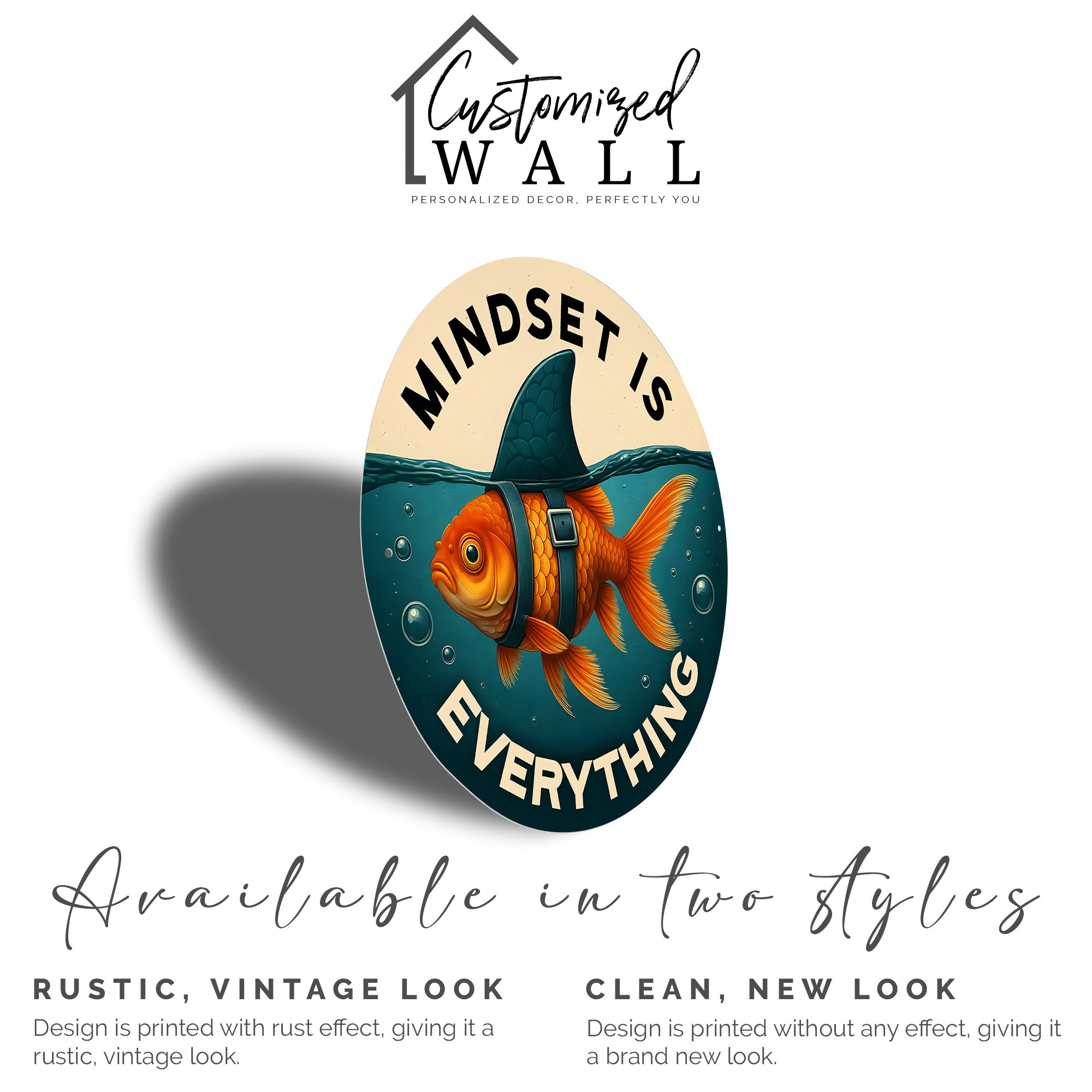 Personalized Metal Inspiration Sign - “Mindset is Everything” with Goldfish and Shark Fin Design for Unique Gift Giving - Image 2