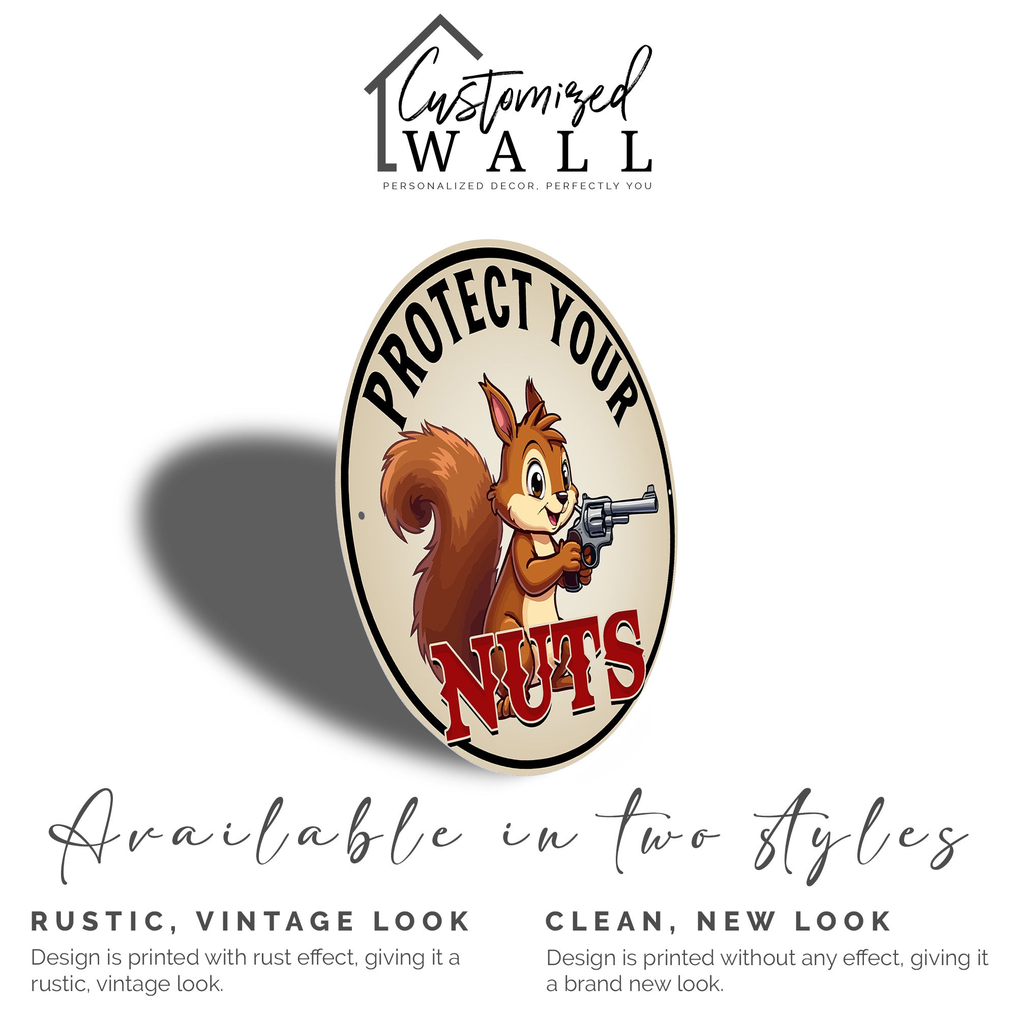 Personalized Round Metal Sign with Cute Squirrel and Gun – "Protect Your Nuts" Theme for Home Decor and Unique Gift Ideas - Image 2