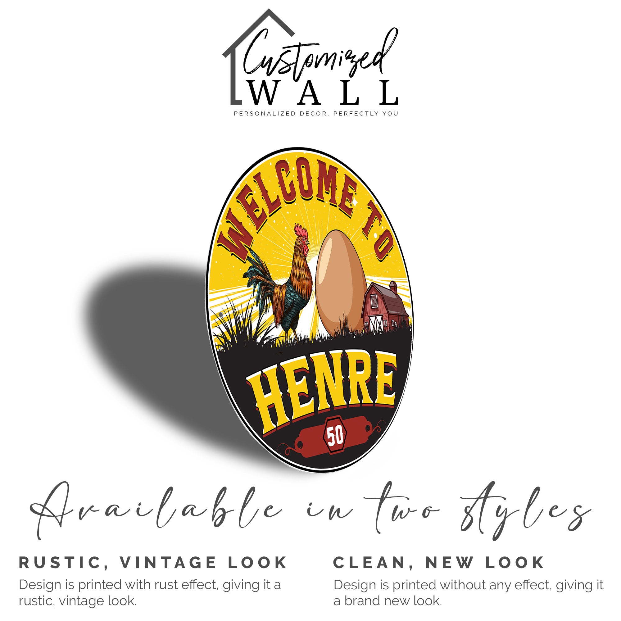 Personalized Farmhouse Metal Sign – Handmade Round Plaque with Rooster & Egg Design, Perfect for Home Decor and Gift-Giving - Image 2