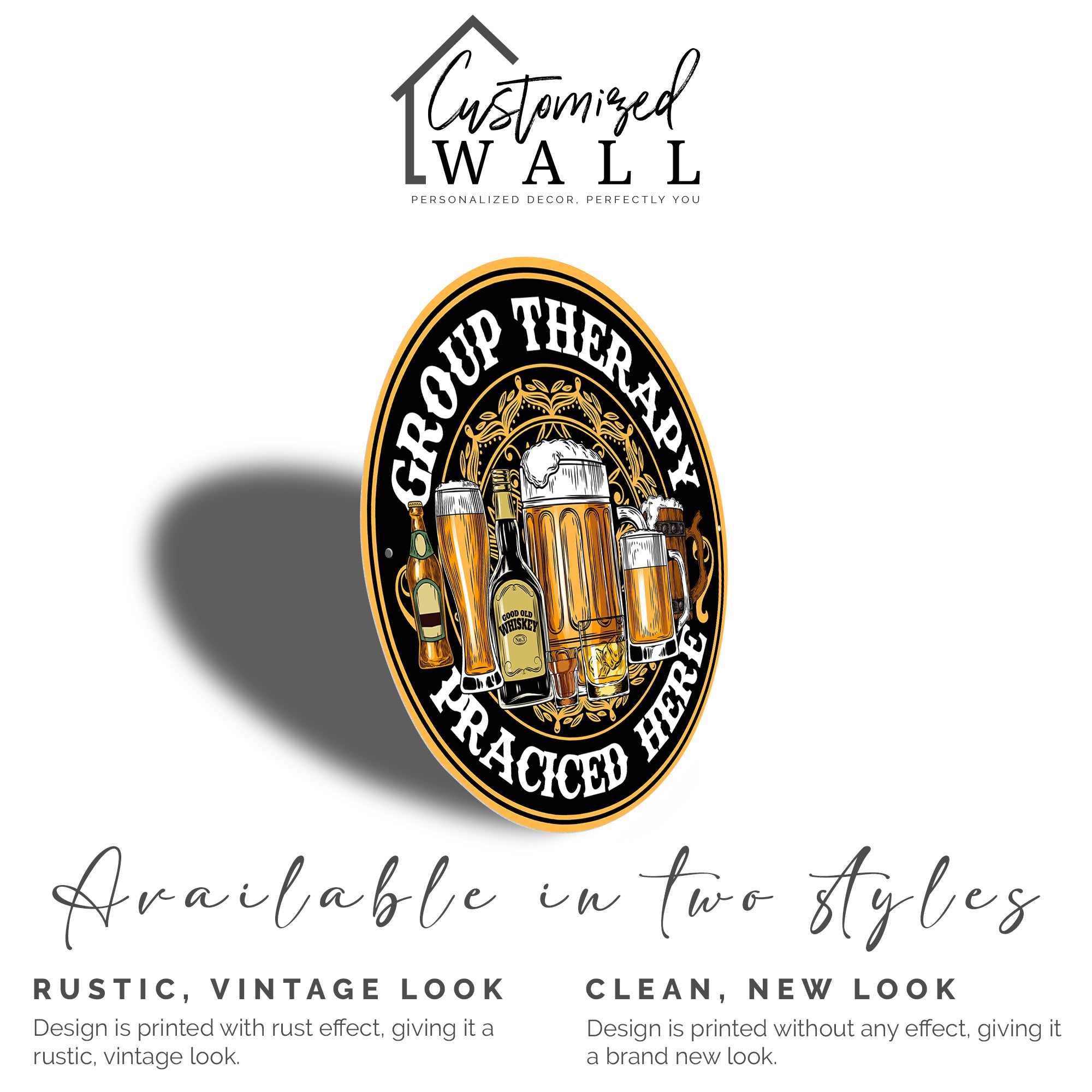 Personalized "Group Therapy Practiced Here" Round Metal Sign - Rustic Bar Decor for Beer & Whiskey Lovers - Image 2