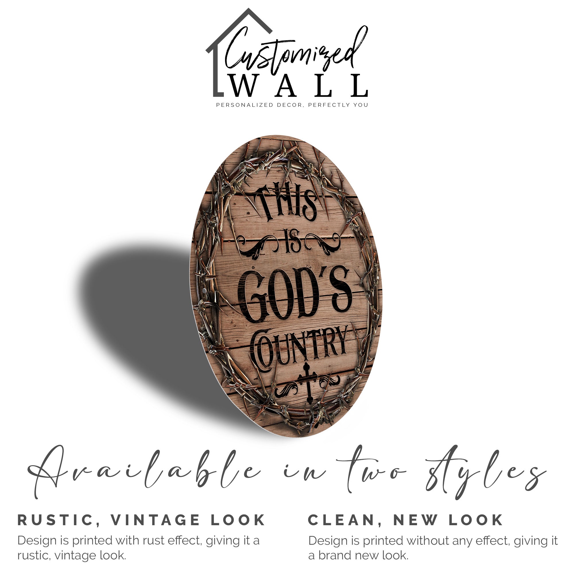 Personalized Round Metal Wall Sign - "God's Country" Rustic Design with Crown of Thorns and Oak Finish for Christian Home Decor - Image 2