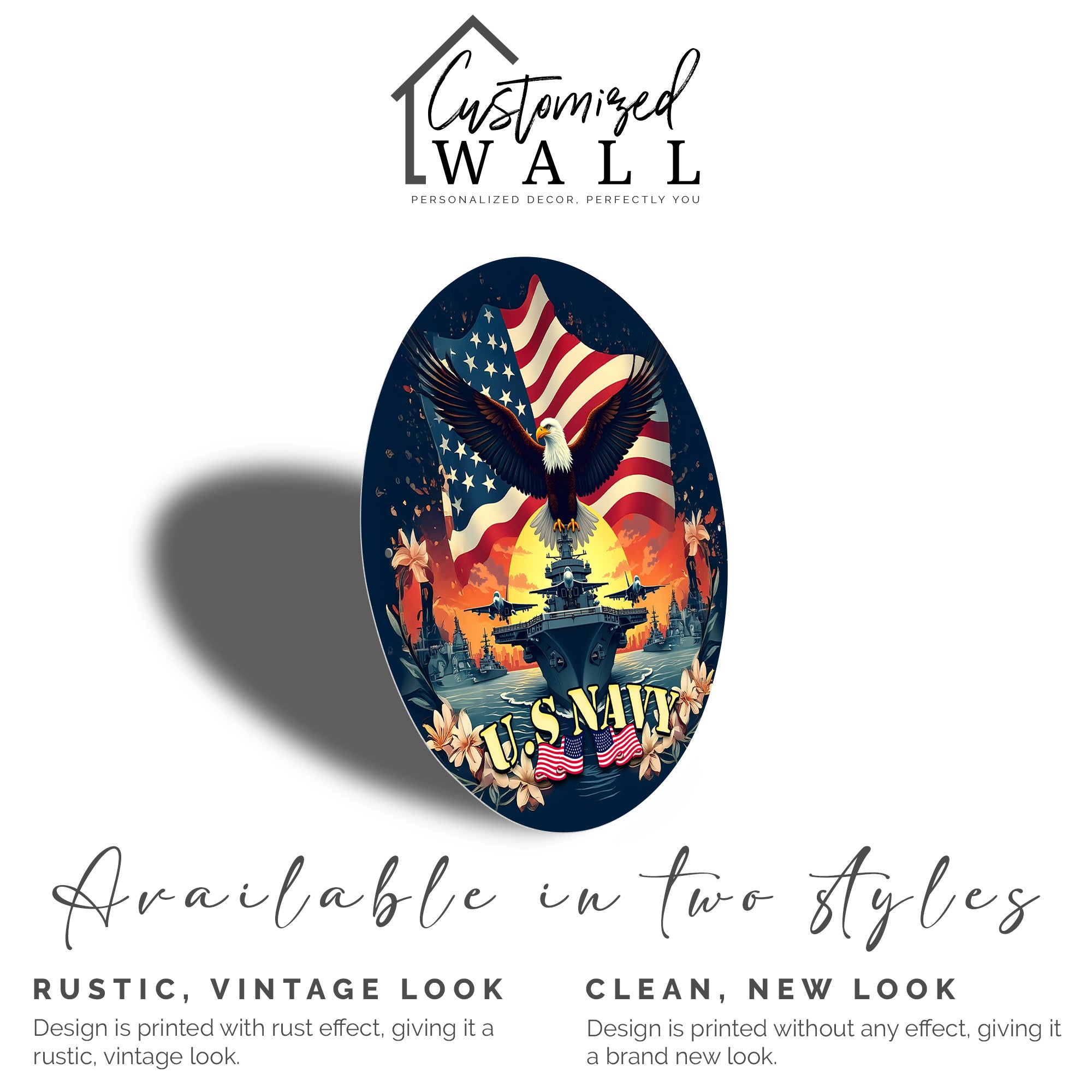 Personalized U.S. Navy Round Metal Sign - Patriotic Home Decor with American Eagle and Floral Accents for Military Enthusiasts - Image 2