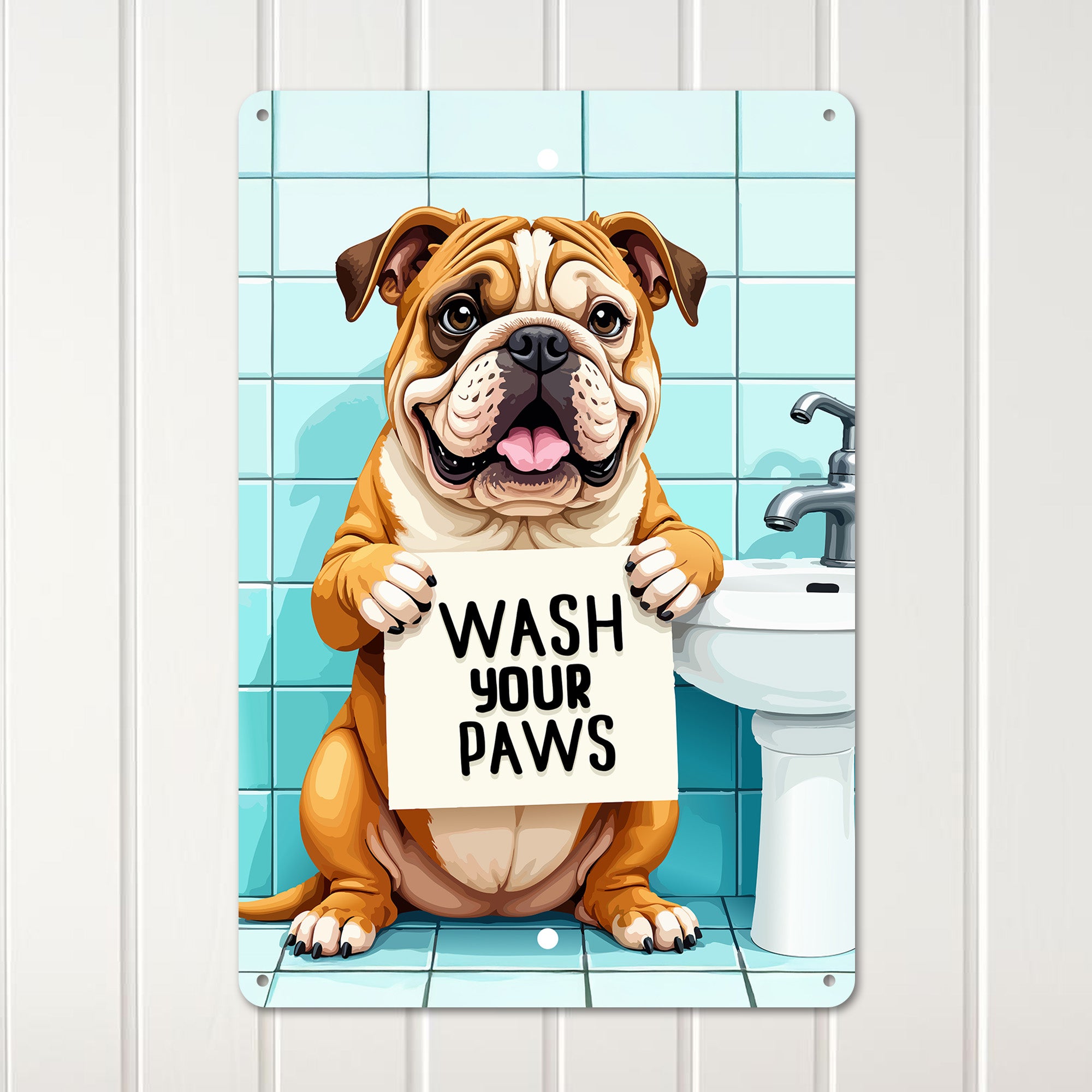Personalized Bulldog Metal Sign - "Wash Your Paws" Bathroom Decor - Custom Bathroom Wall Art for Animal Lovers - Image 2