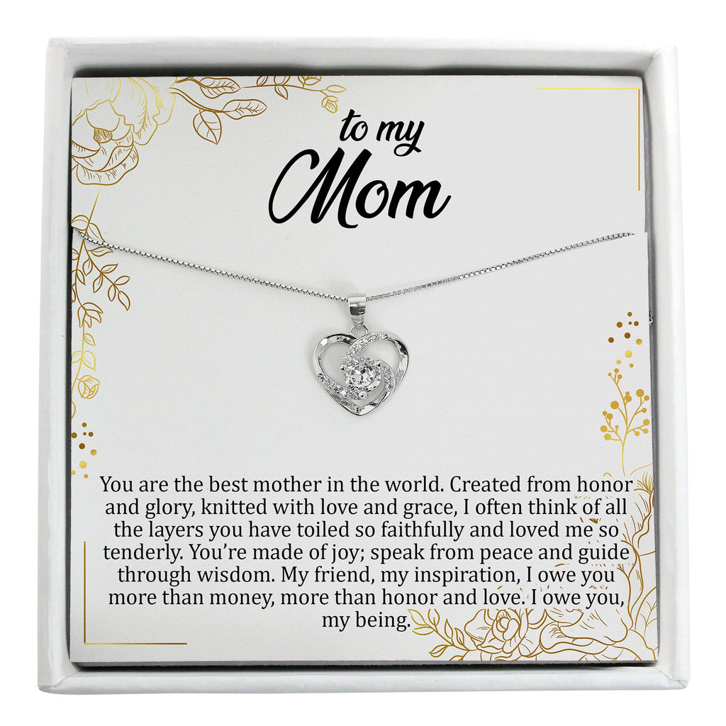 Mom necklace, mommom gift, sterling silver pendant necklace with personalized message card and spa gift box; gift from son on mother's day