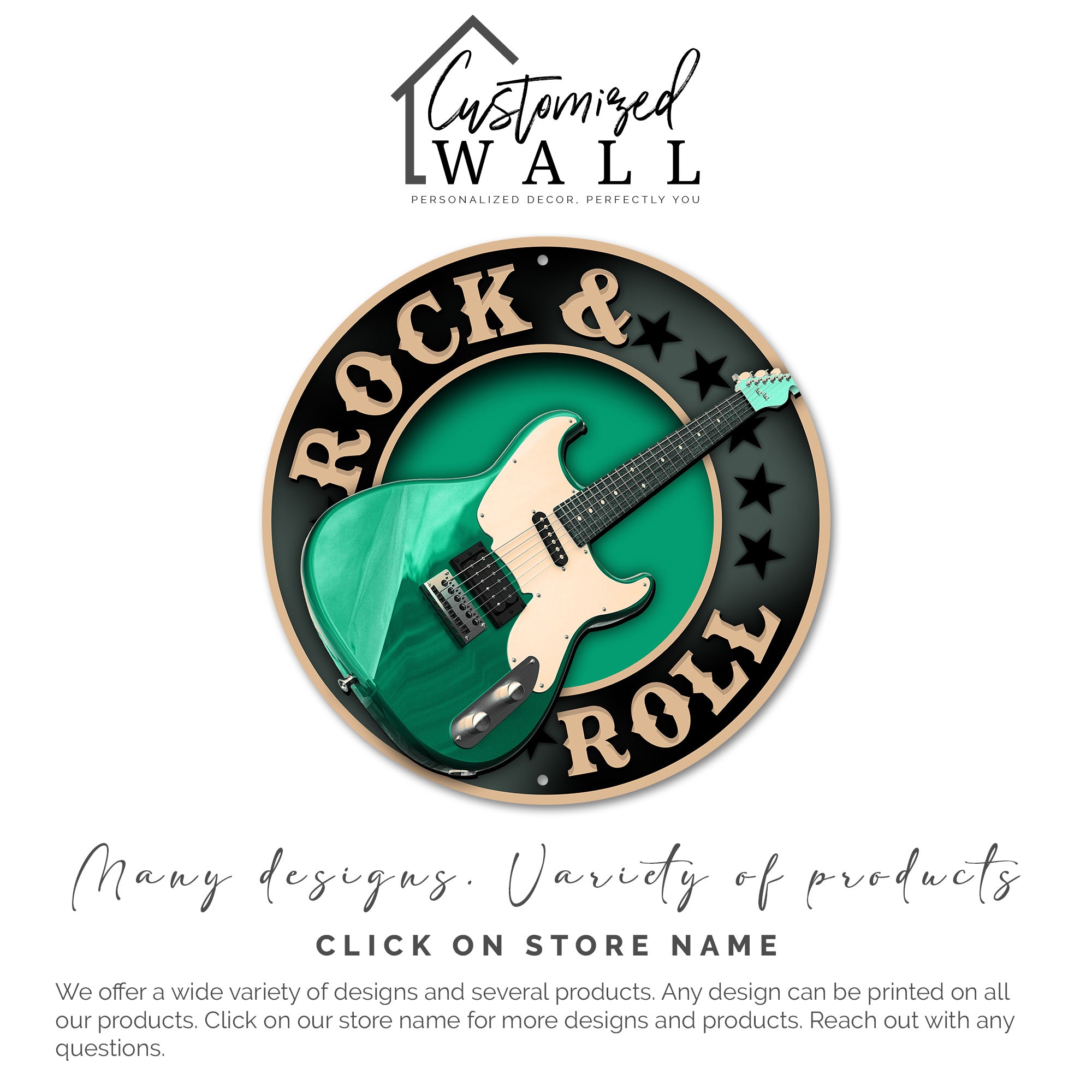 Personalized Rock & Roll Metal Sign - Custom Green Guitar Wall Art for Music Lovers - Image 3