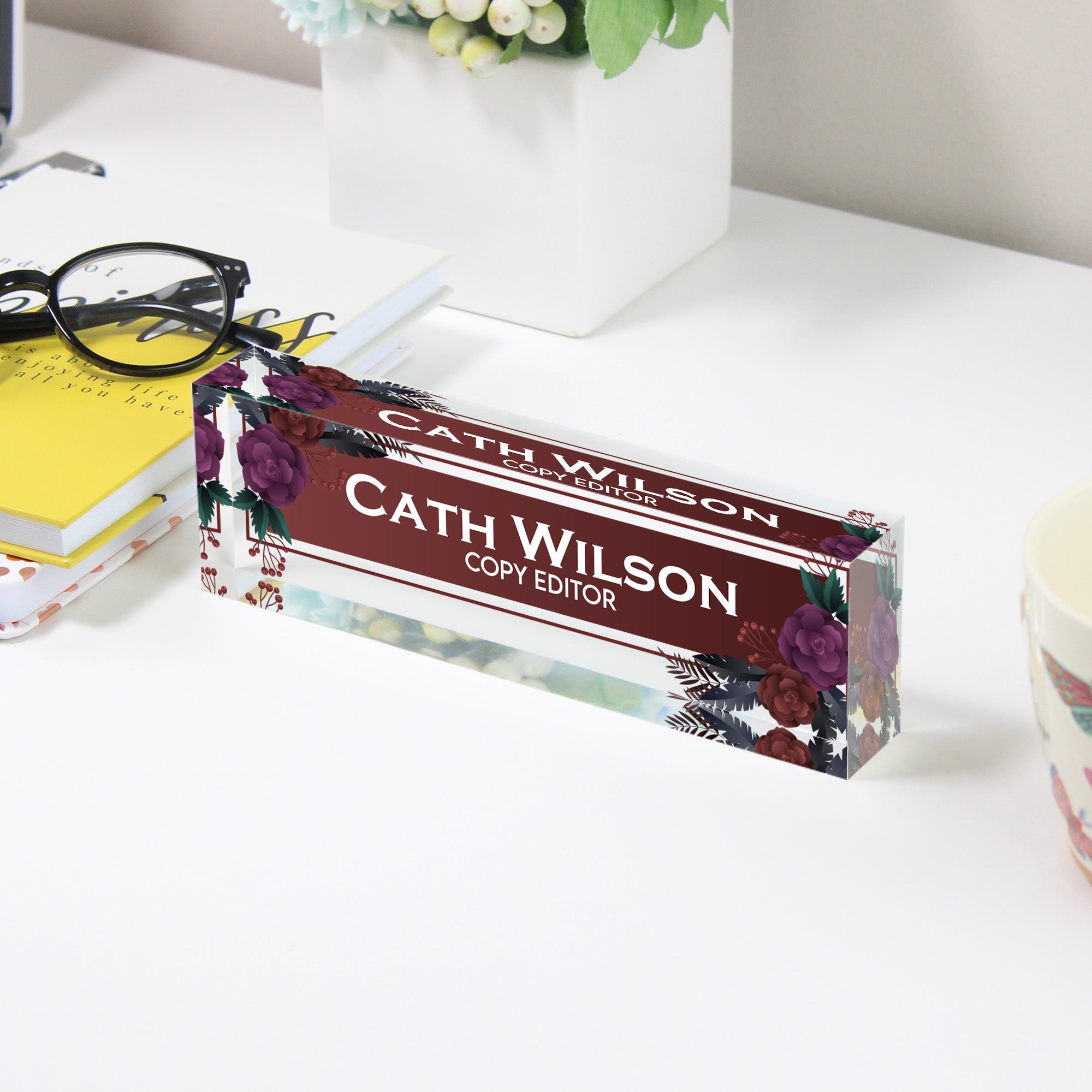 Personalized Floral Acrylic Desk Name Block - Elegant Custom Gift for Copy Editors & Professionals - Image 3