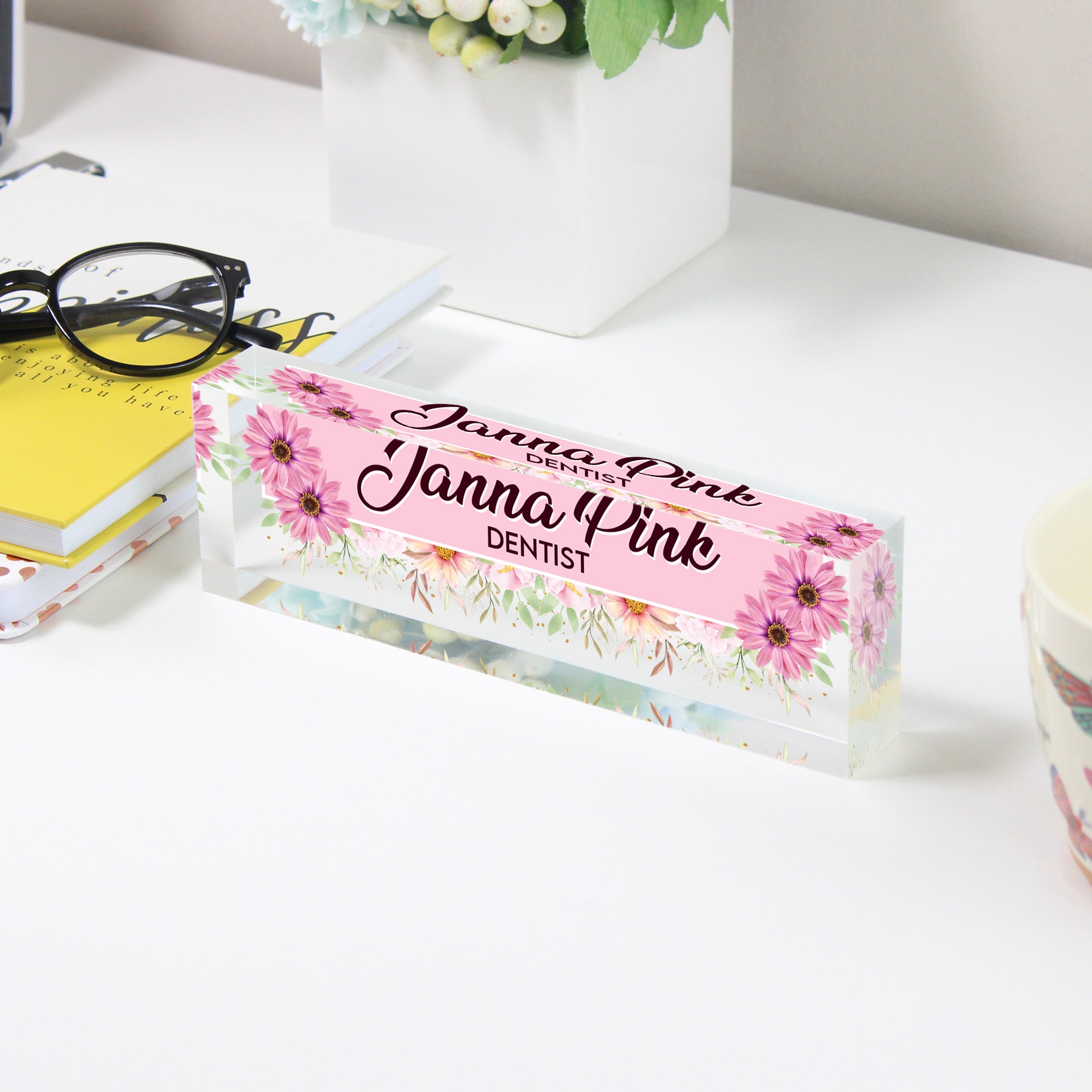 Personalized Floral Acrylic Desk Block Nameplate - Custom Gift for Dentists, Office Decor, and More - Image 3