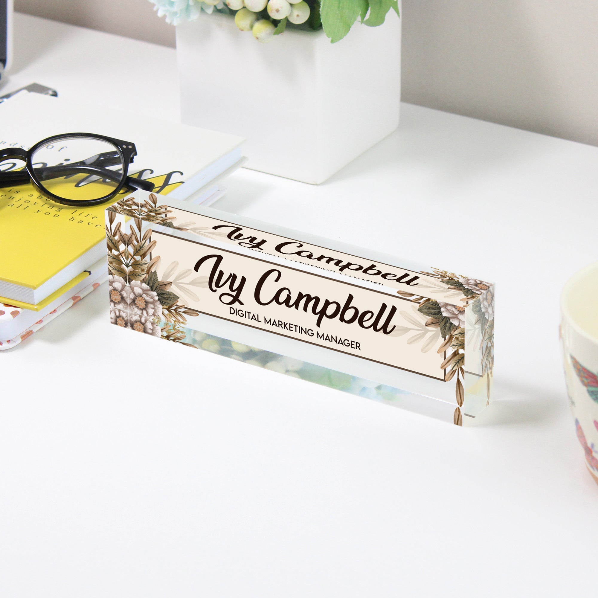 Personalized Acrylic Desk Block with Custom Name & Title - Elegant Floral Design for Office Decoration & Thoughtful Gift - Image 3