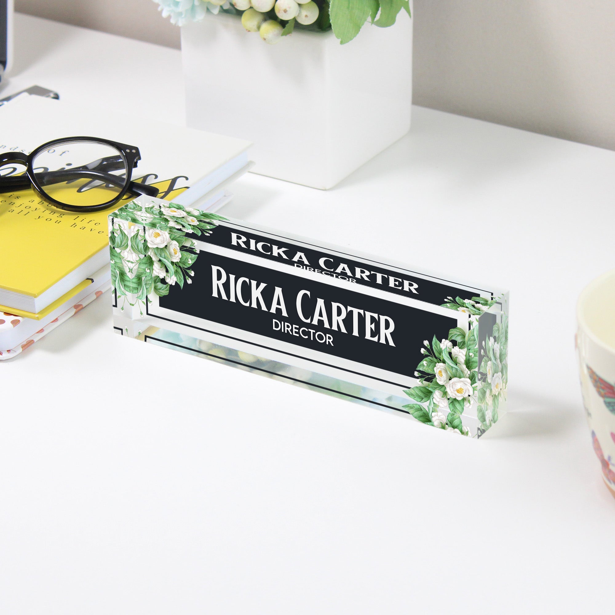 Personalized Floral Acrylic Desk Block - Custom Nameplate for Directors, Elegant Office Decor Gift - Image 3