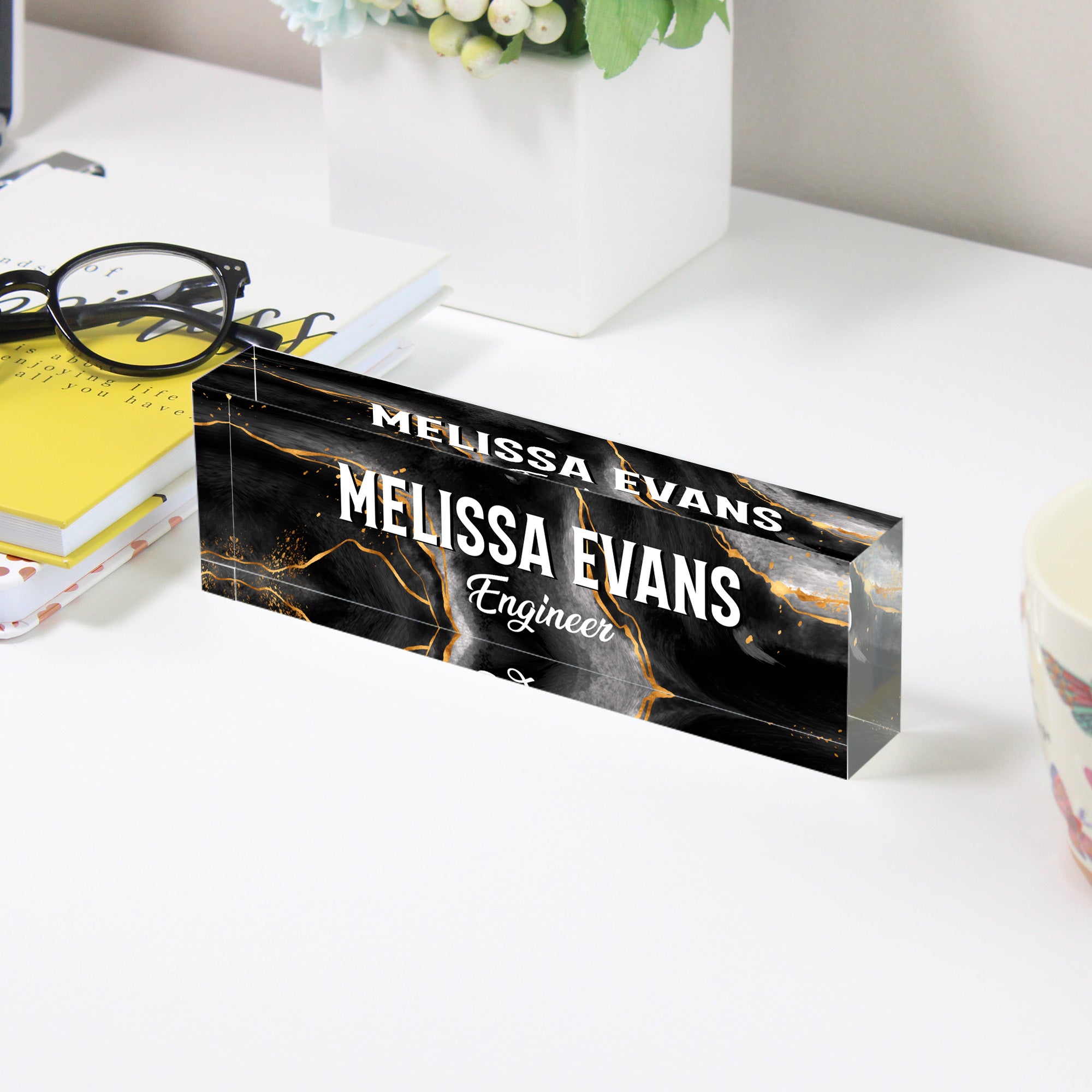 Personalized Acrylic Desk Block for Engineers - Custom Nameplate with Elegant Black Marble Design - Image 3