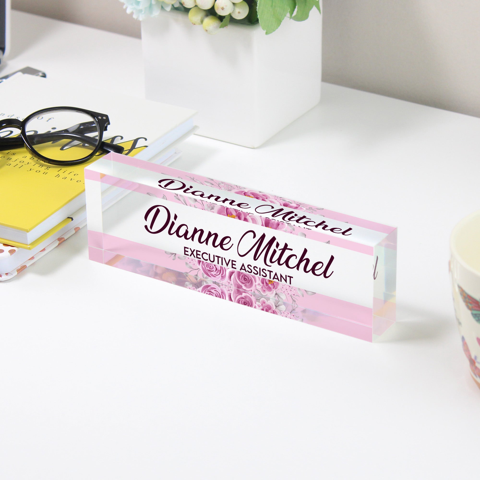 Personalized Executive Assistant Acrylic Desk Block - Elegant Floral Design for Custom Office Decor and Unique Gift Giving - Image 3