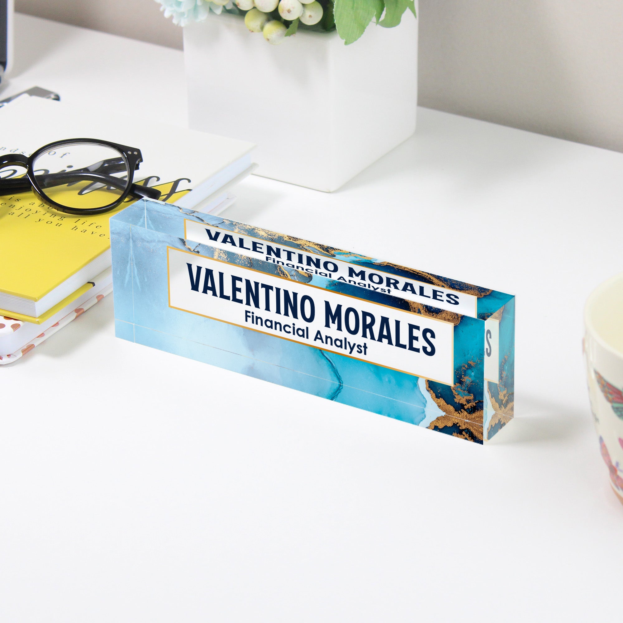 Personalized Acrylic Desk Name Block with Elegant Blue & Gold Design – Ideal Gift for Professionals - Image 3