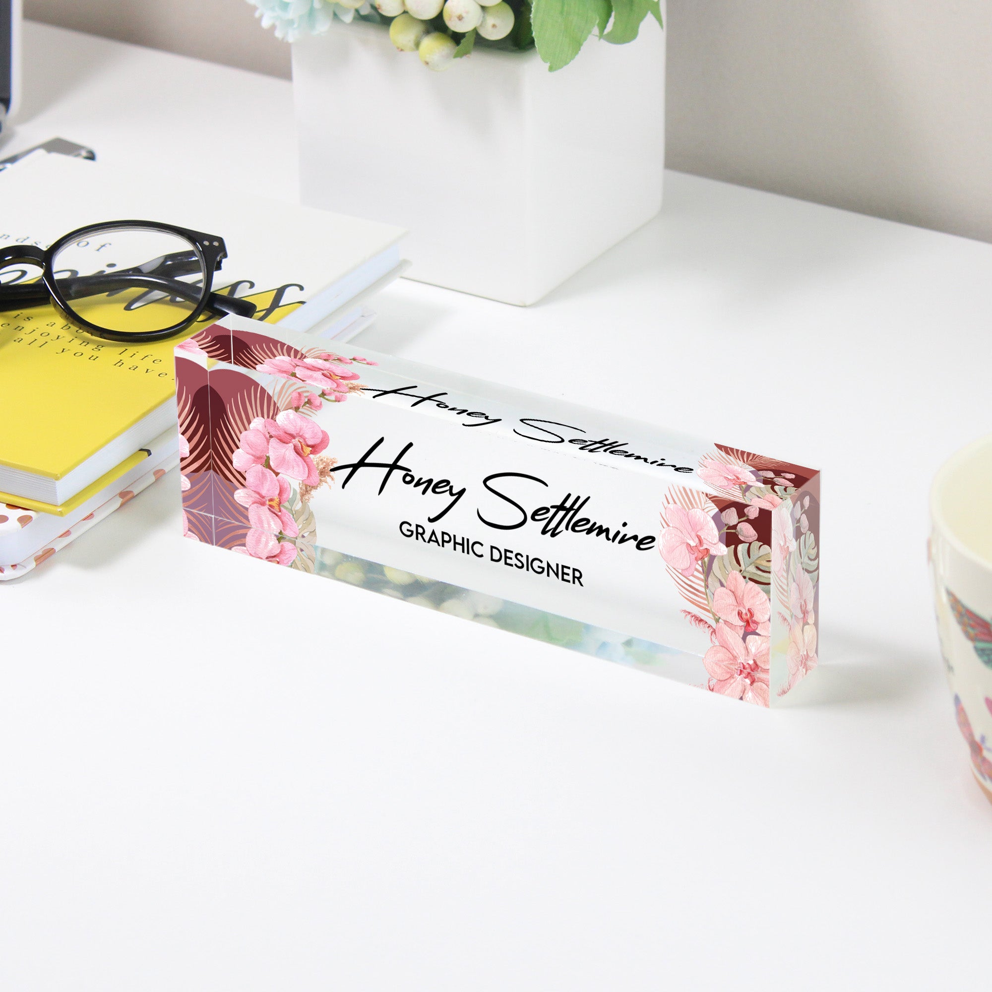 Personalized Floral Acrylic Desk Block - Custom Name Plate for Graphic Designers - Elegant Office Decor and Gift - Image 3