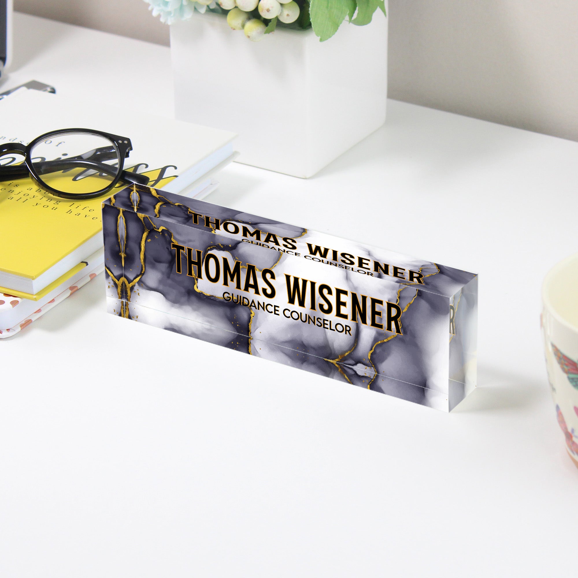 Personalized Marble Acrylic Desk Block with Gold Accents - Custom Nameplate for Guidance Counselors - Image 3