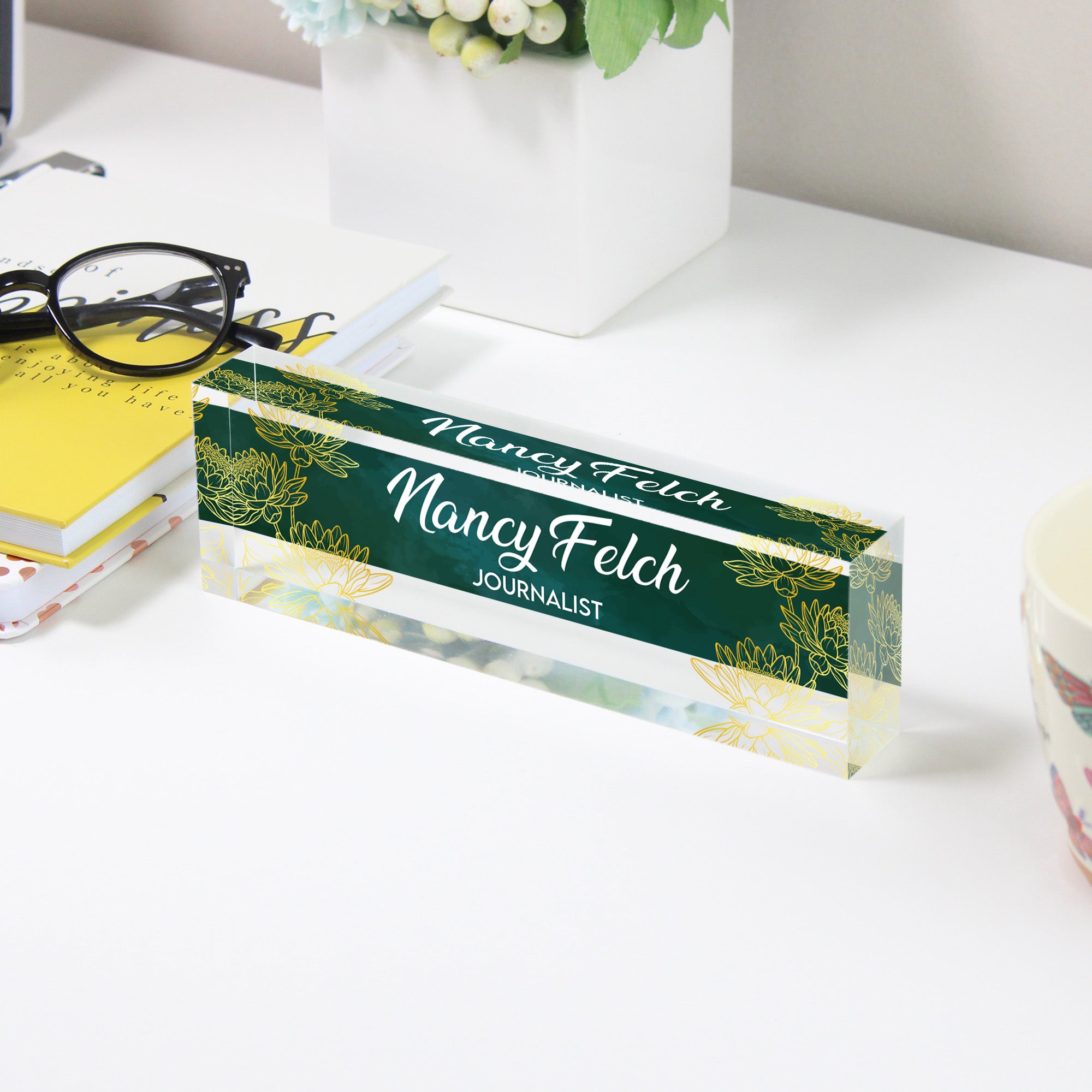 Personalized Acrylic Desk Name Block - Elegant Green Floral Design for Journalists, Writers, and Professionals - Image 3