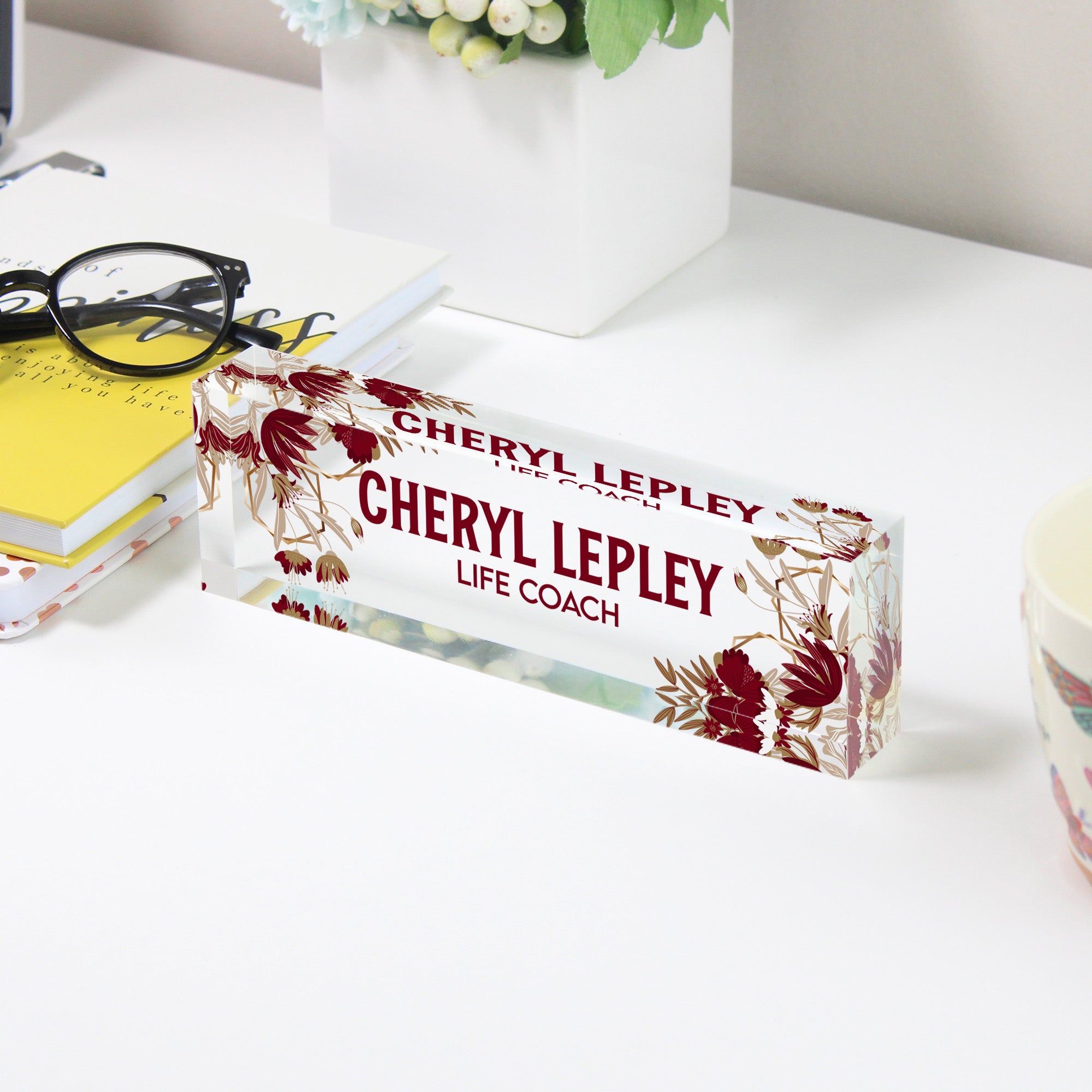 Personalized Floral Acrylic Desk Name Plate - Custom Life Coach Gift, Elegant Office Decor - Image 3