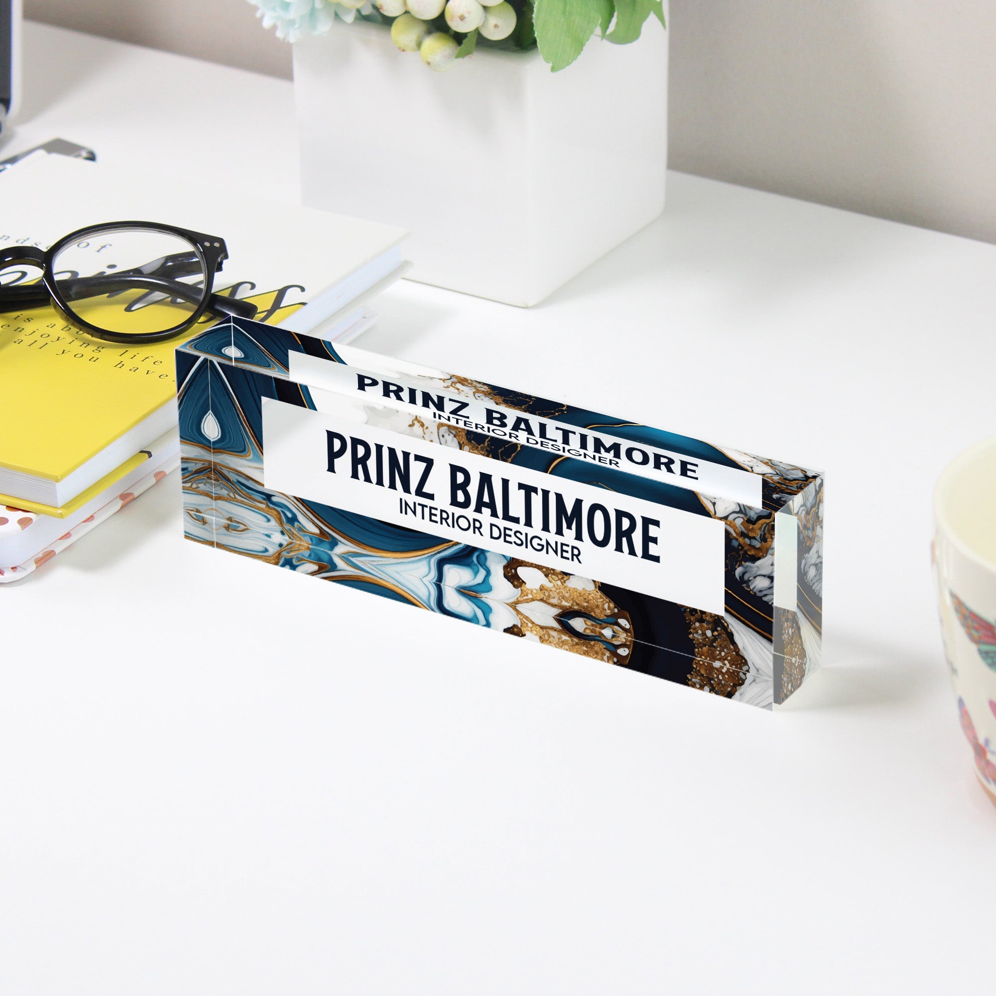 Personalized Acrylic Desk Block for Interior Designers - Elegant Marbled Design - Image 3