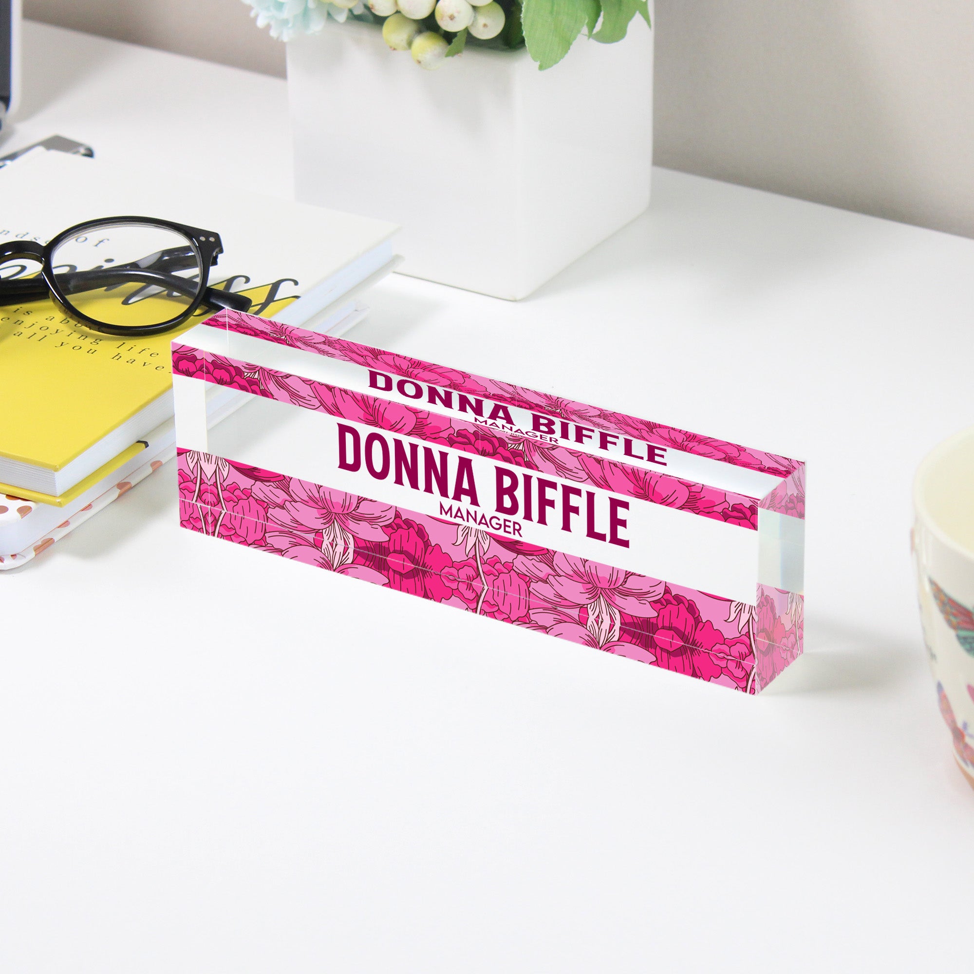 Personalized Floral Acrylic Desk Nameplate - Elegant Manager Gift with Custom Text Options - Image 3