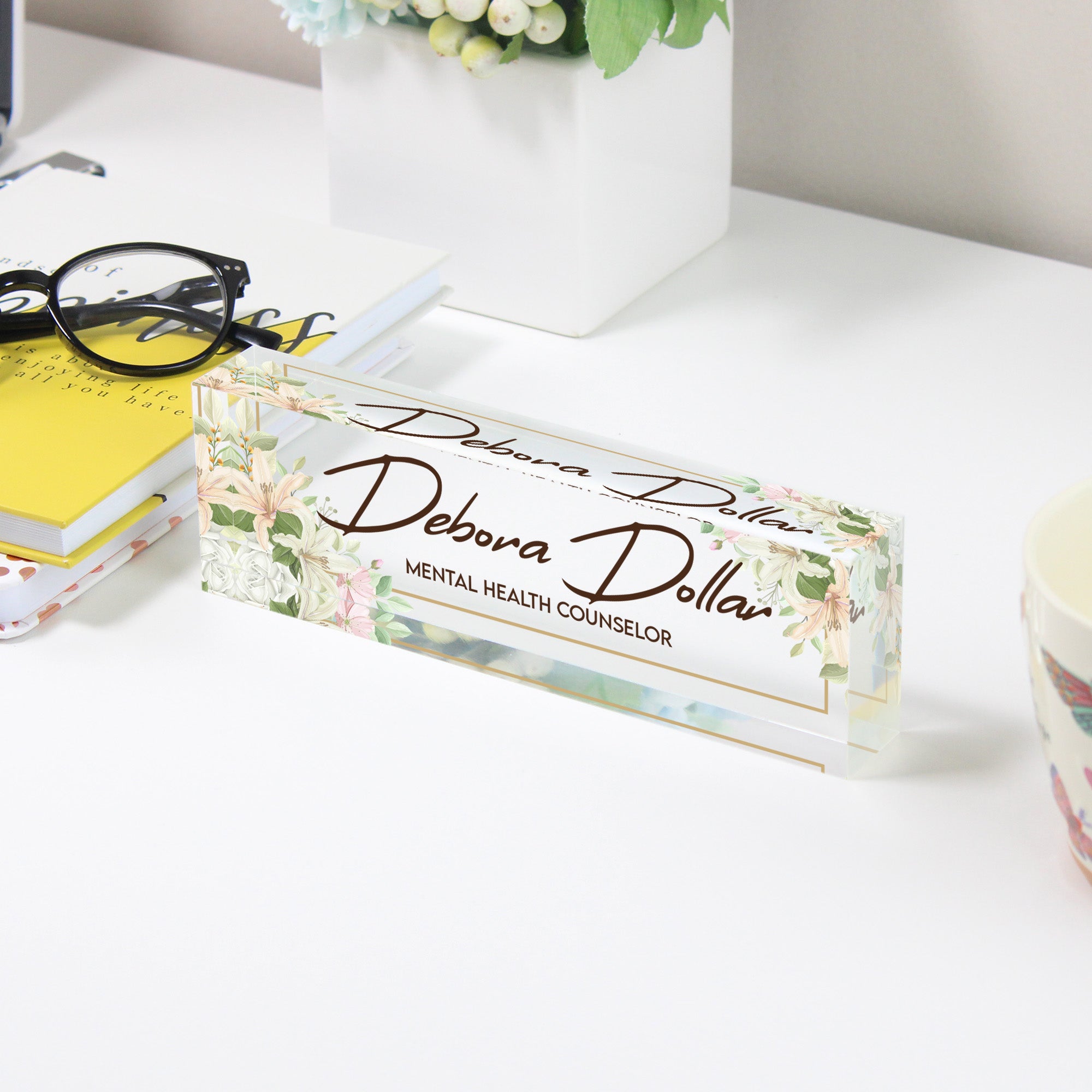 Personalized Acrylic Desk Nameplate with Floral Design - Custom Office Décor for Mental Health Professionals - Image 3