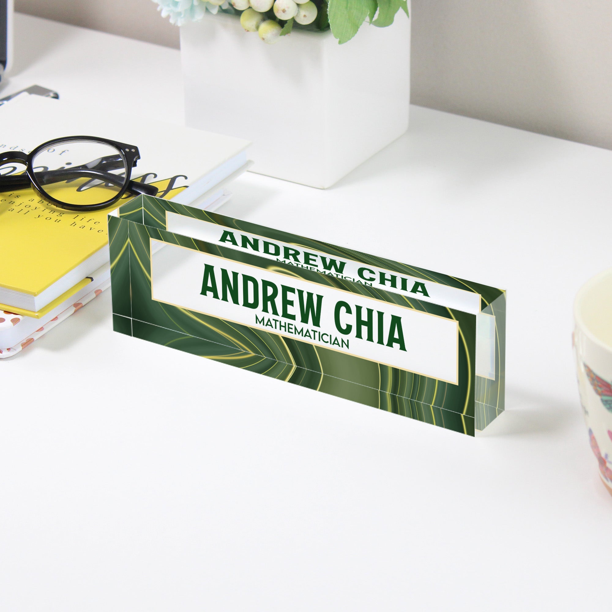 Personalized Acrylic Desk Block - Custom Name and Title Display with Elegant Green Pattern for Mathematicians - Image 3