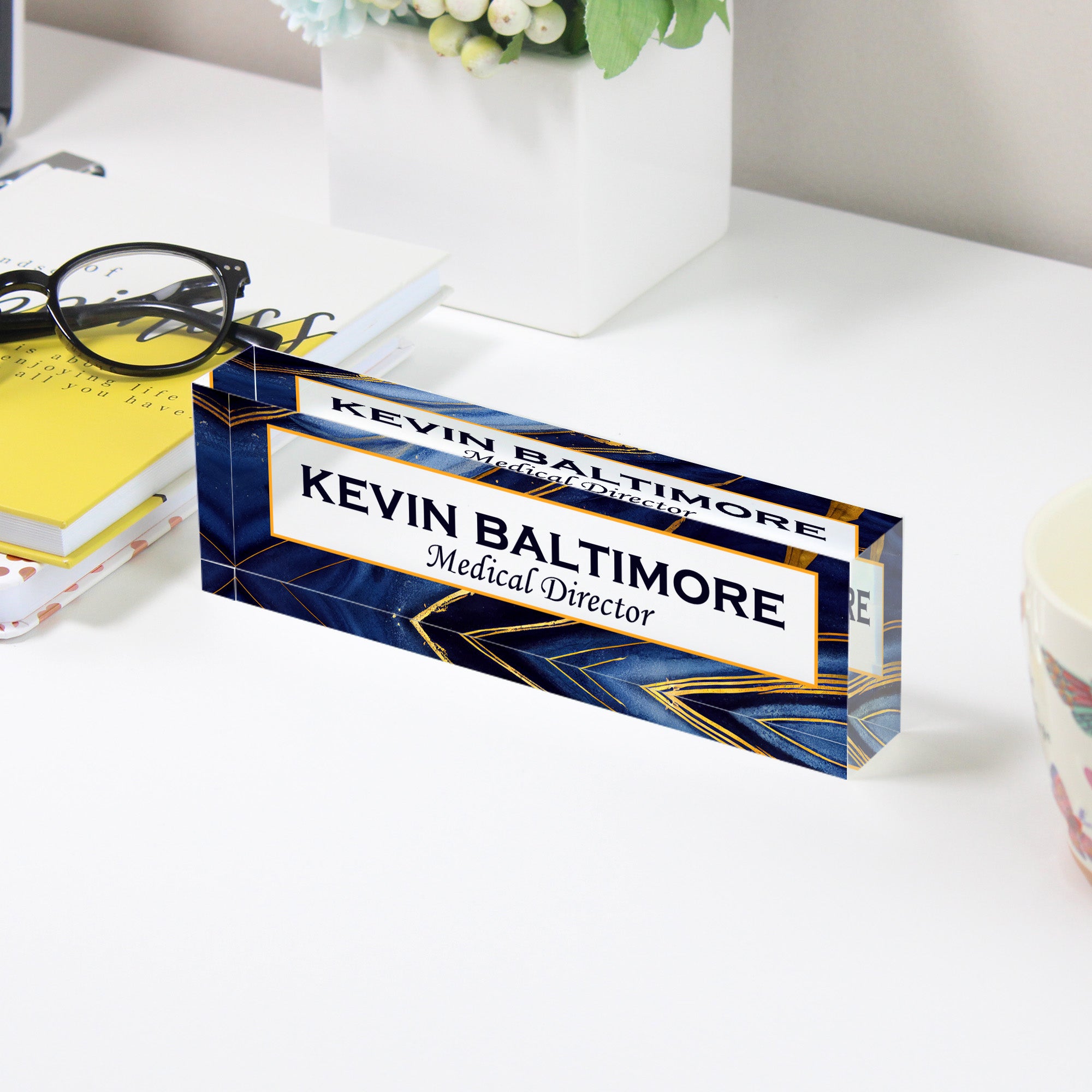Personalized Acrylic Desk Block with Elegant Blue and Gold Design - Perfect Custom Gift for Professionals and Executives - Image 3