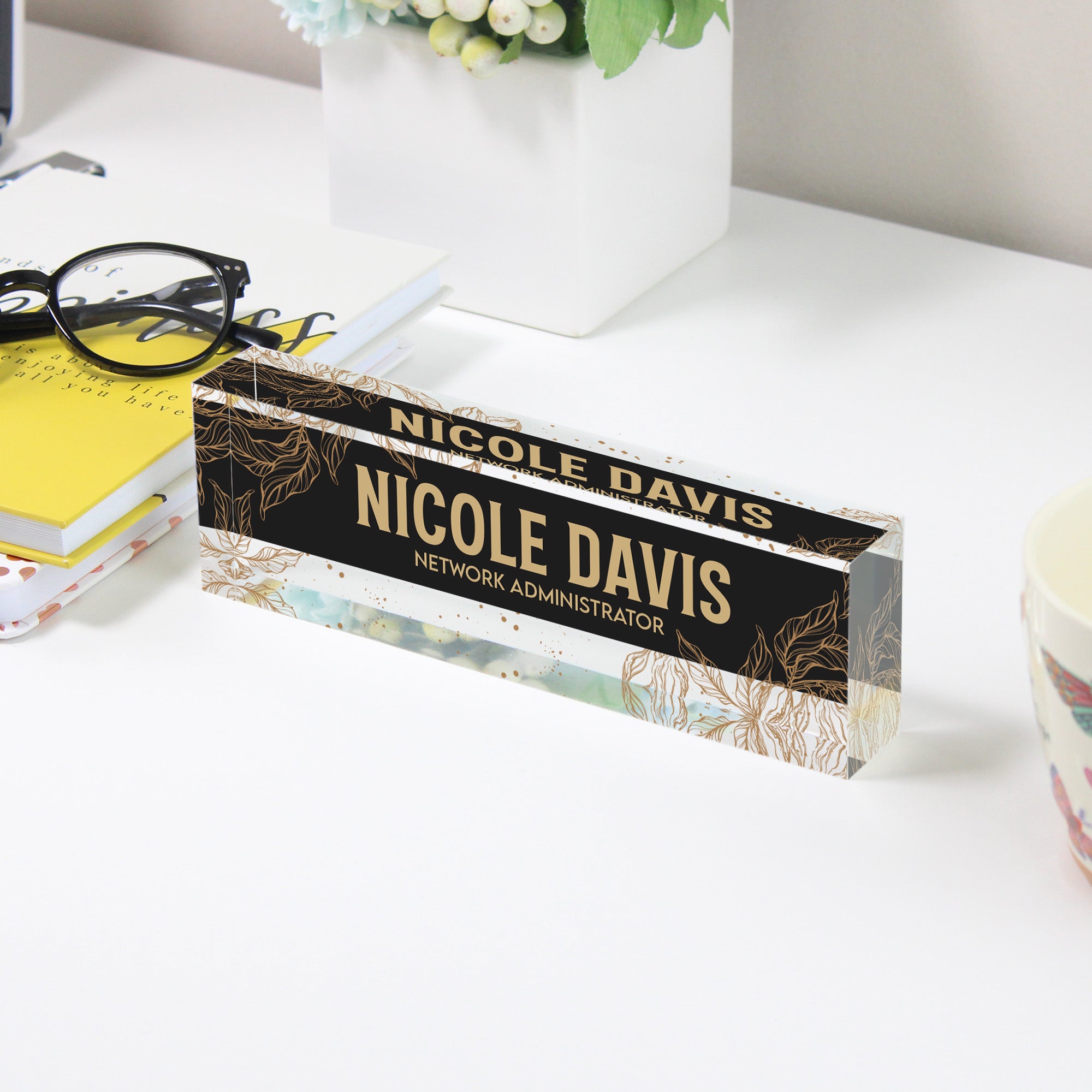 Personalized Acrylic Desk Name Block - Elegant Floral Design for Network Administrators - Image 3