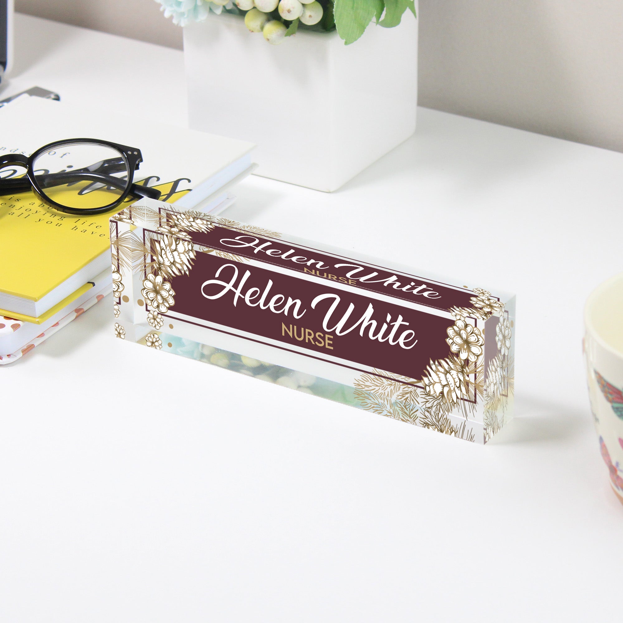 Personalized Acrylic Desk Block with Elegant Floral Design - Custom Name & Profession Engraving for a Unique Gift - Image 3