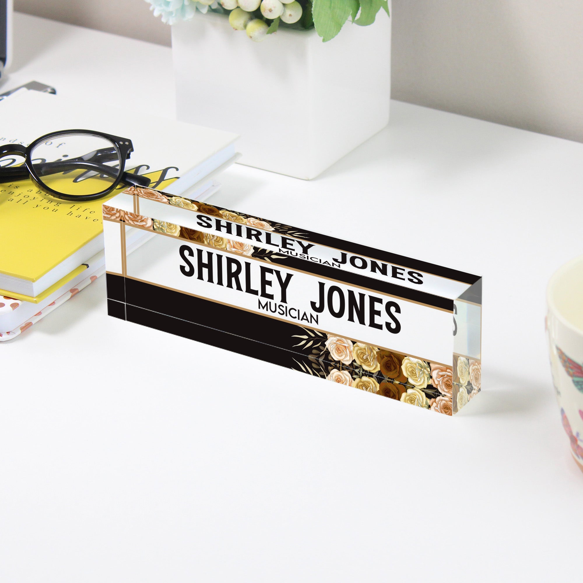 Personalized Acrylic Desk Block with Golden Floral Design - Custom Nameplate for Musicians and Music Lovers - Image 3