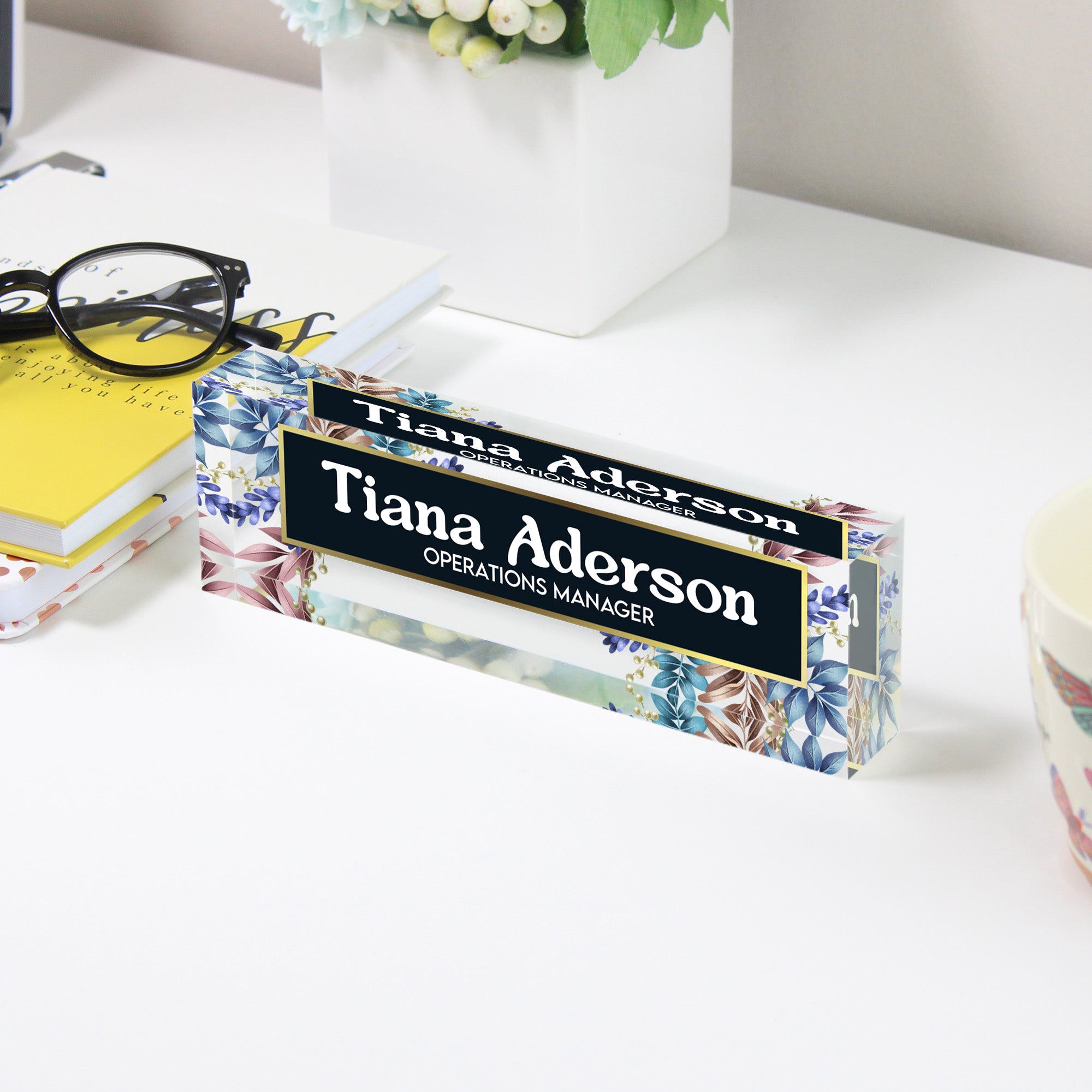 Personalized Floral Acrylic Desk Name Block - Customizable Office Decor for Stylish Professionals - Image 3