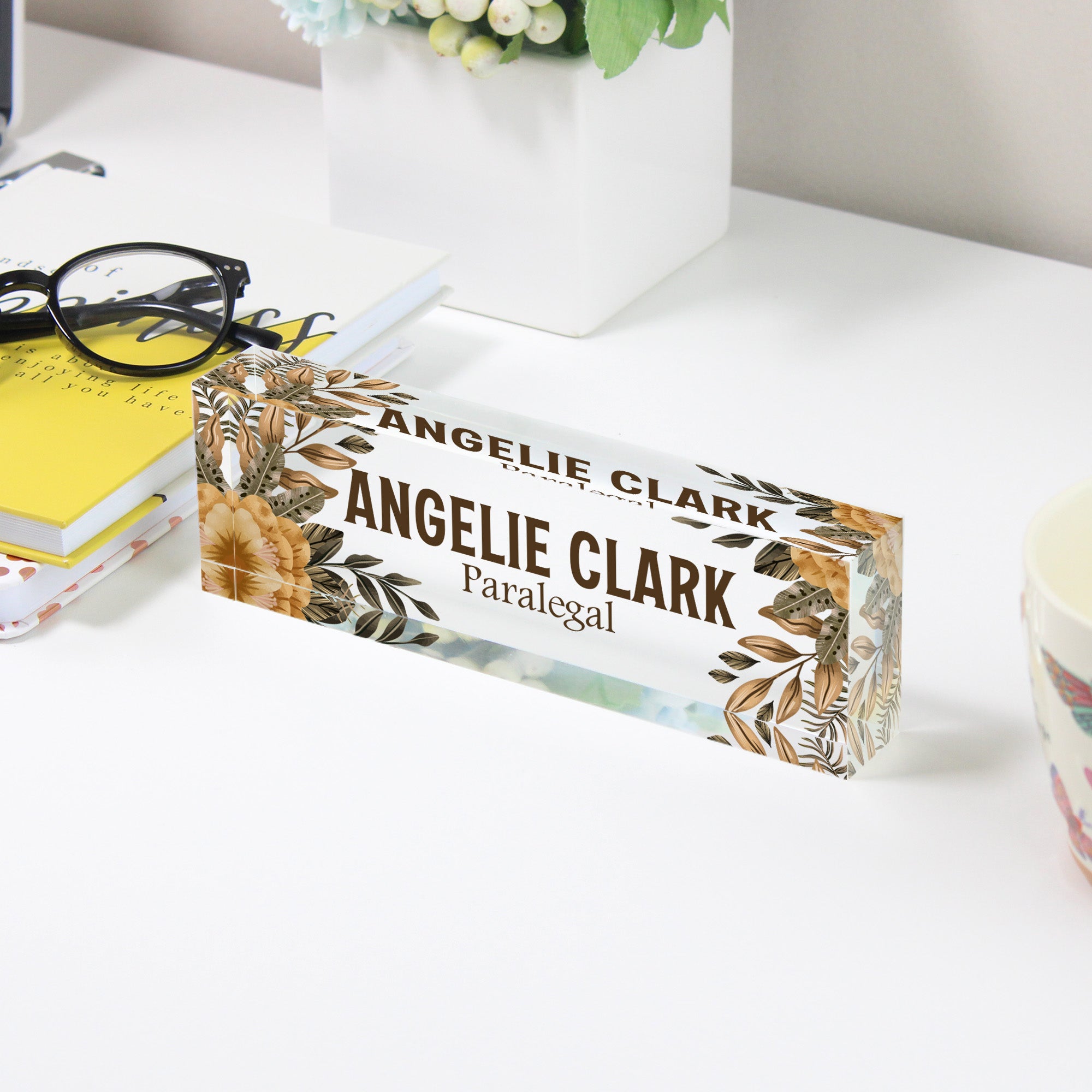 Personalized Floral Acrylic Desk Block Nameplate for Paralegals – Custom Office Decor and Perfect Gift for Legal Professionals - Image 3