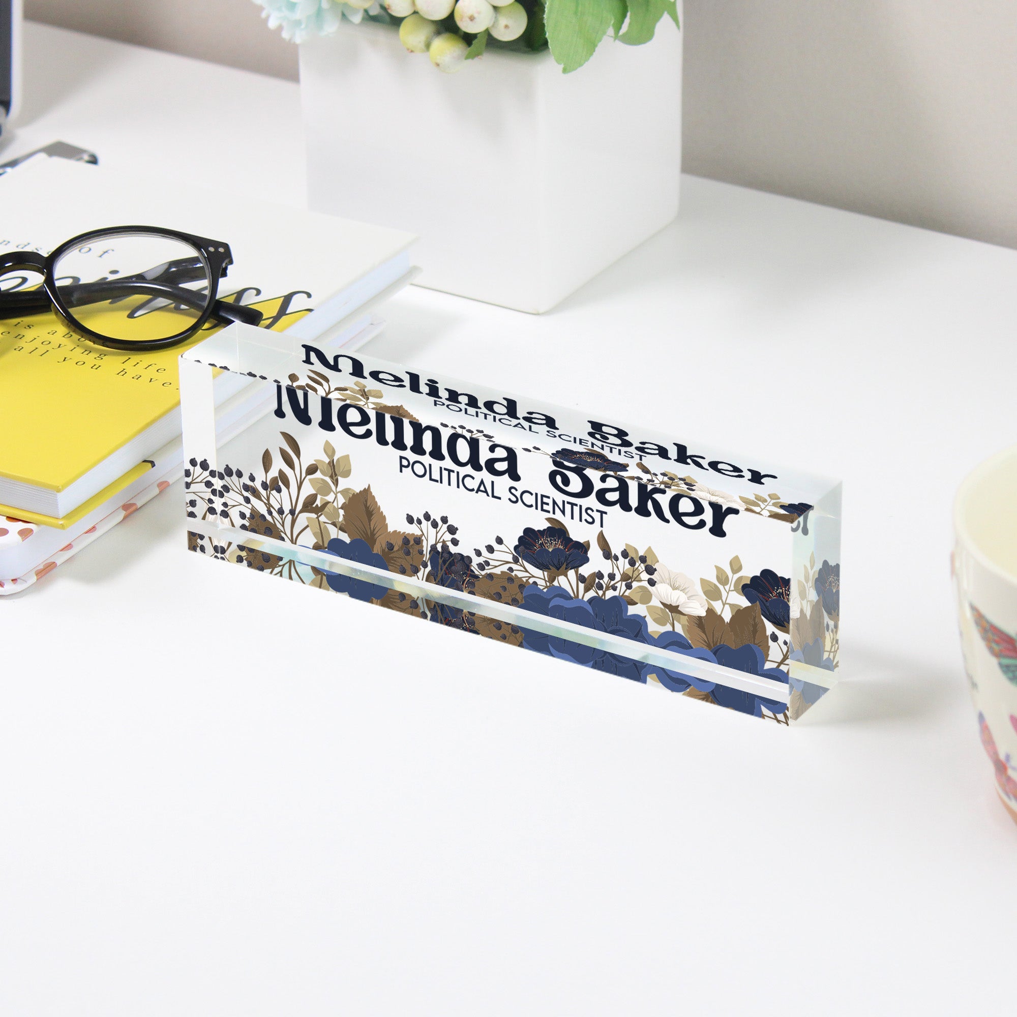 Custom Acrylic Desk Block with Floral Design - Personalized Nameplate for Professionals and Gift-Giving - Image 3