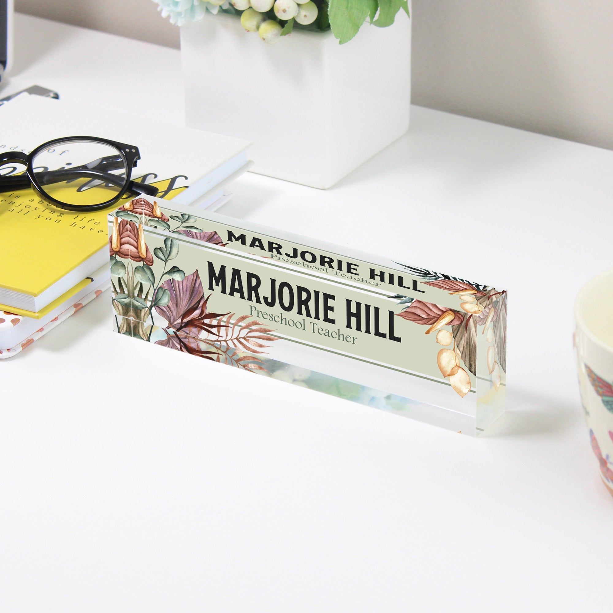 Custom Acrylic Desk Block for Teachers - Personalized Nameplate with Botanical Design - Perfect Gift for Educators - Image 3